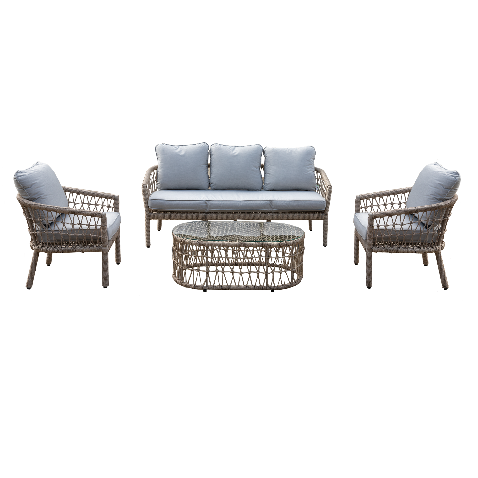 4Pcs Capri 5 Seater Sofa Set Natural Woven Rattan - Sofa, Table, Chairs