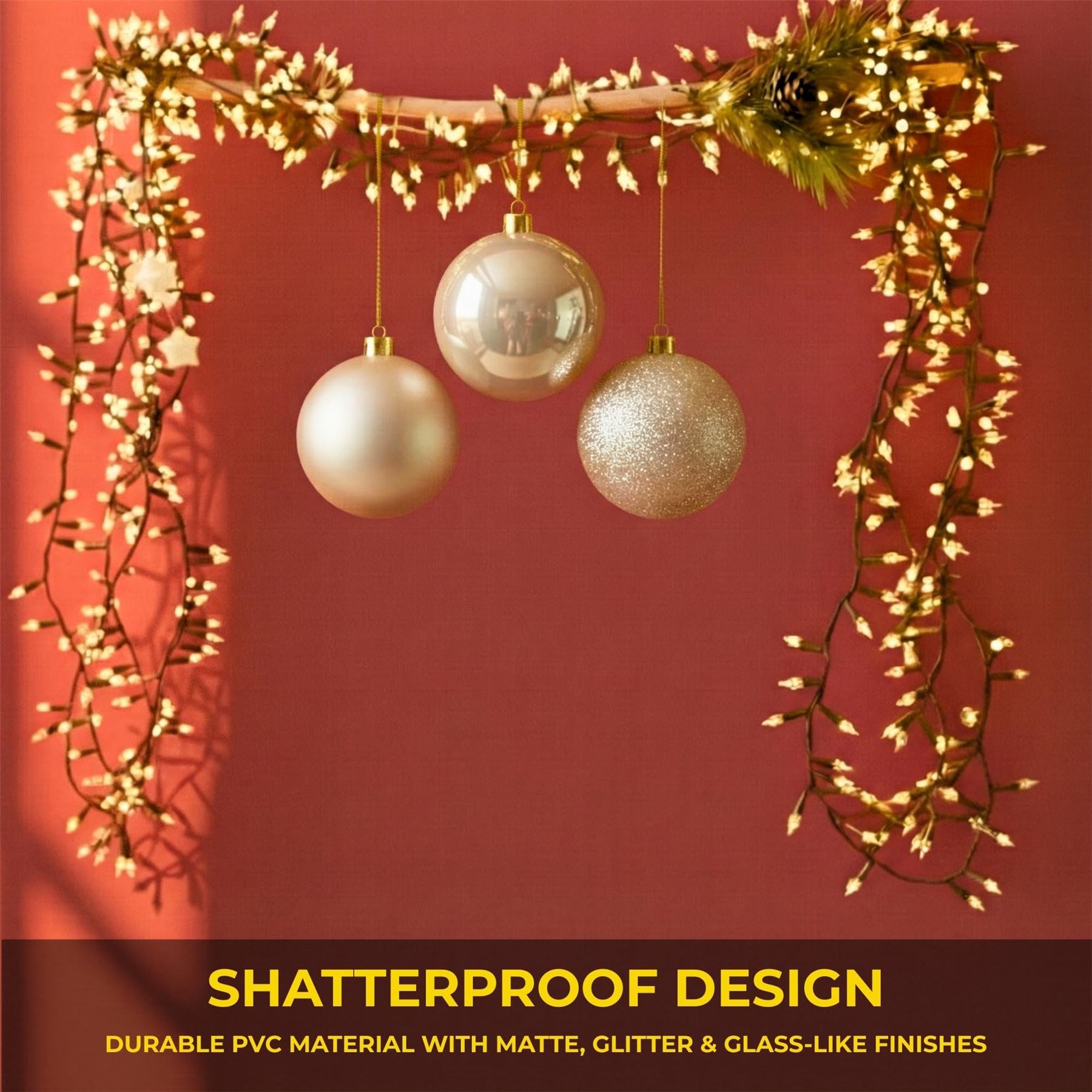 20cm Champagne Christmas Baubles – Assorted 3-Pack (Matt & Glitter, Shatterproof)