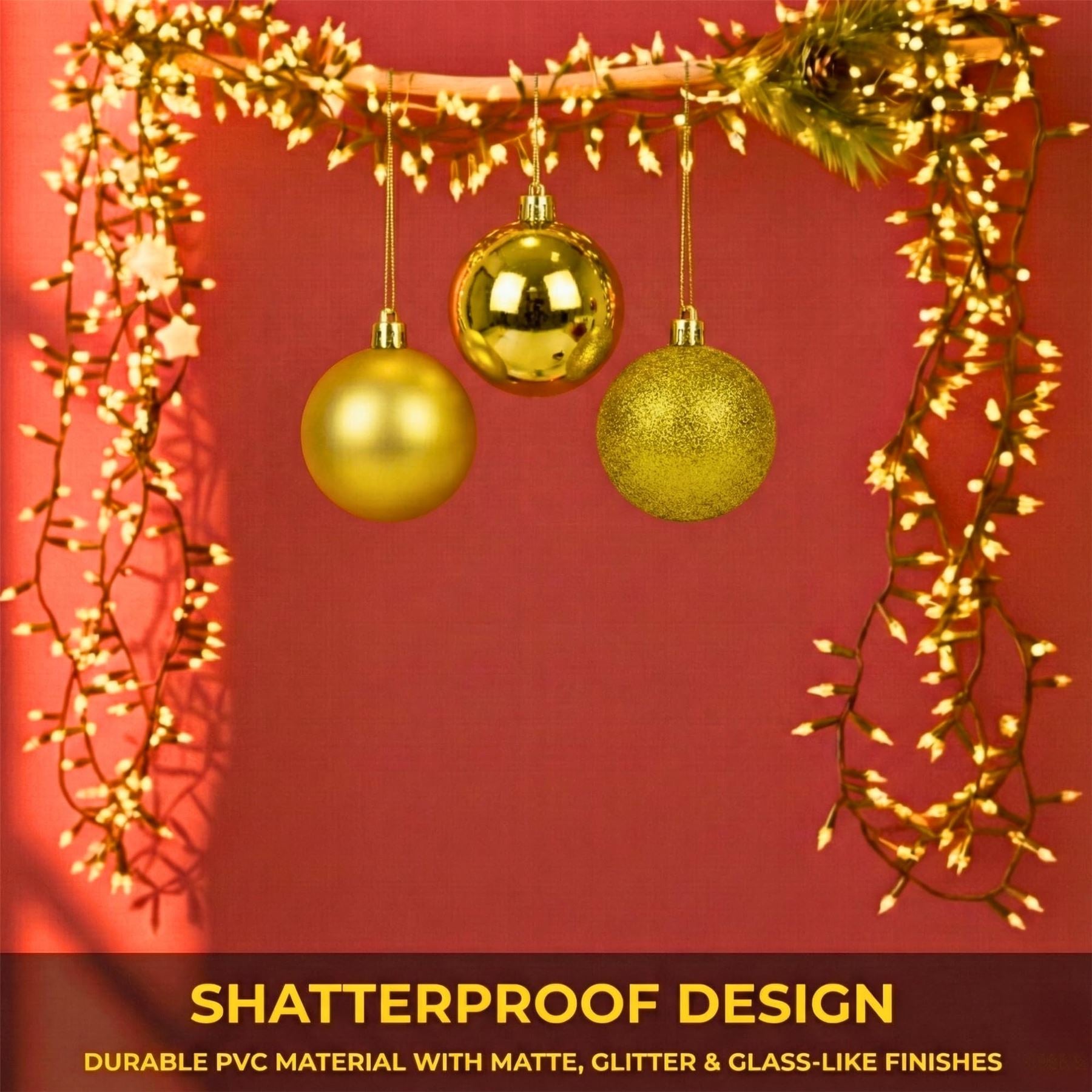 20cm Deep Gold Christmas Baubles – Assorted 3-Pack (Matt & Glitter, Shatterproof)