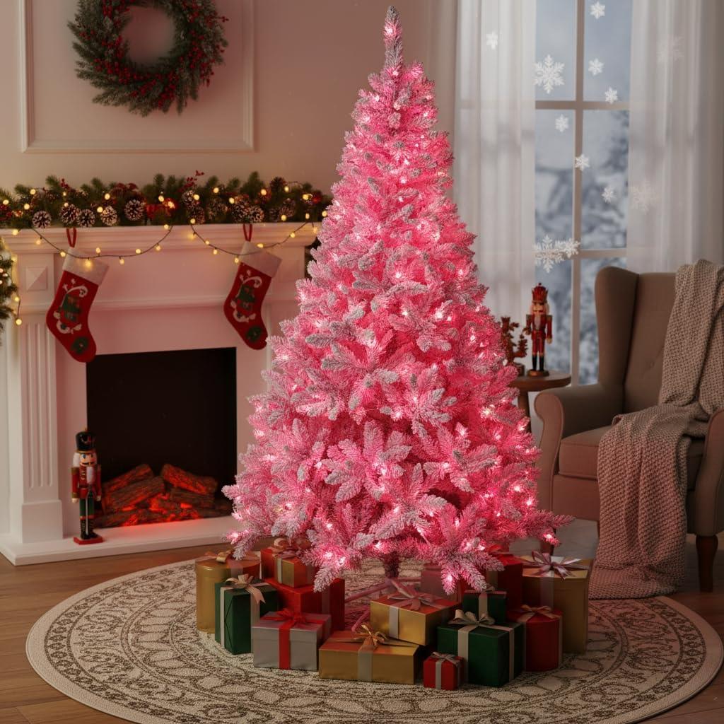 8Ft Christmas Tree Prelit Snow Flock Pink LED Artificial Pine Holiday Home Decor