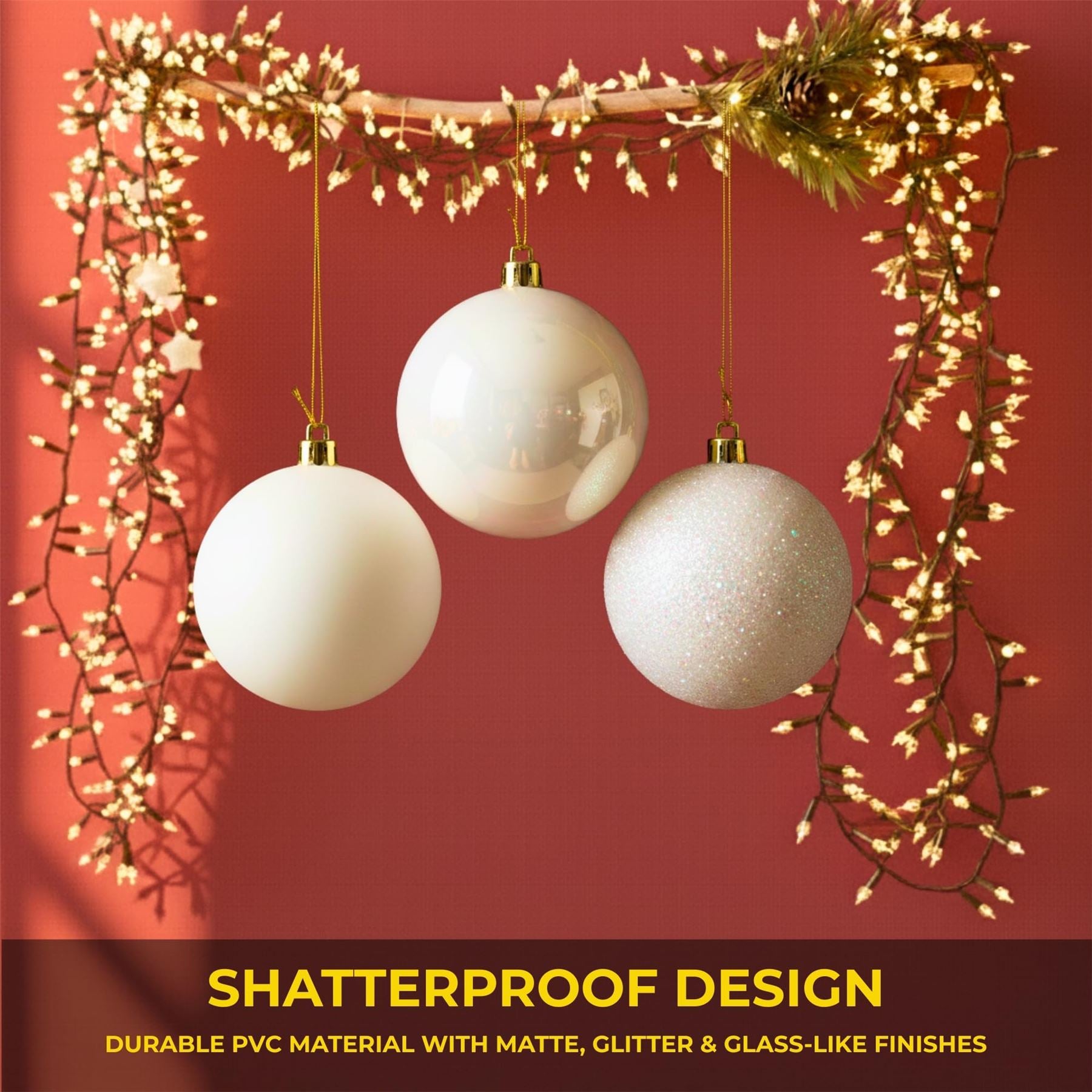 25cm White Christmas Baubles – Assorted 3-Pack (Matte & Glitter, Shatterproof)