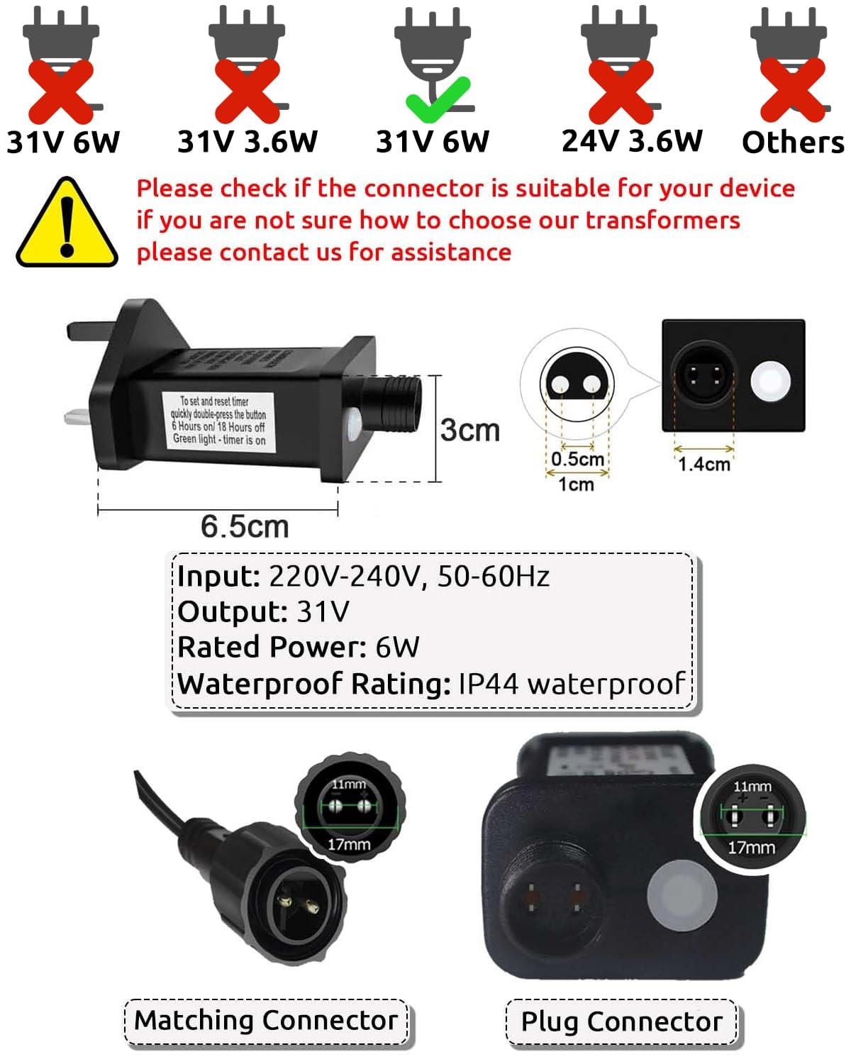 Transformer Plug for Christmas Lights 31v/6W Adapter with Timer Function, 8 Light Modes, Memory Function, IP44
