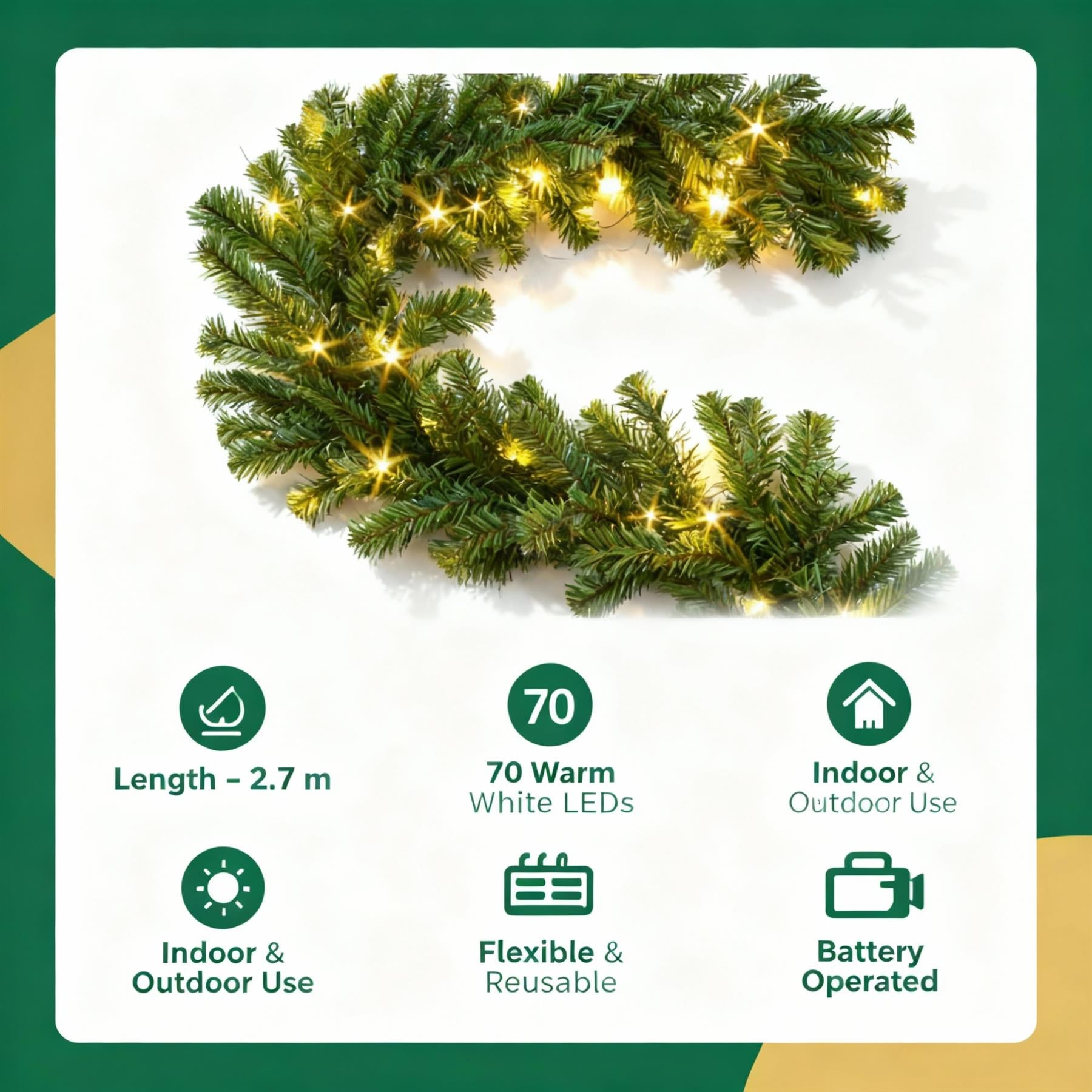 2pcs - 2.7m Alaskan Prelit Green Garland 70LEDs Battery Operated