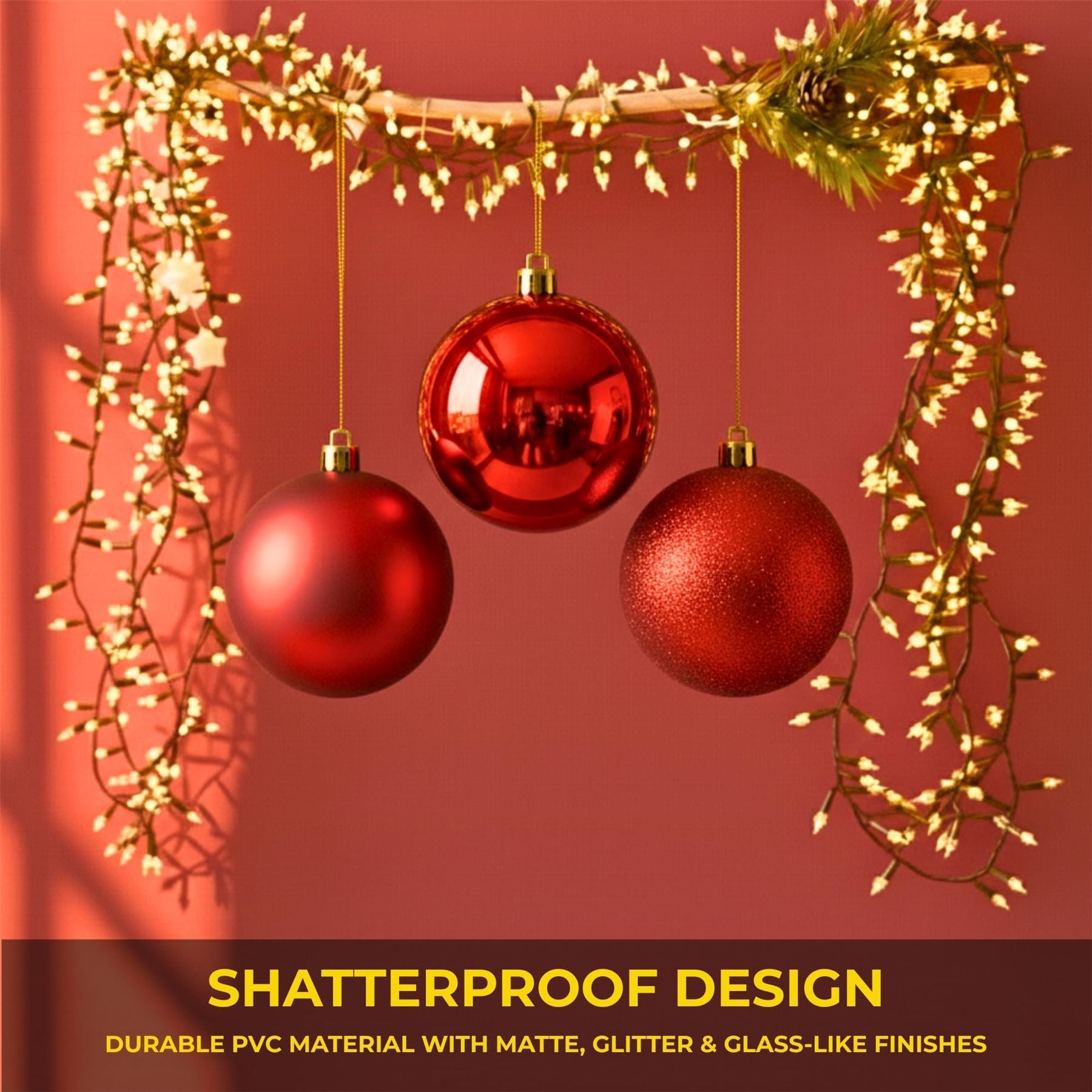 25cm Red Christmas Baubles – Assorted 3-Pack (Matte & Glitter, Shatterproof)