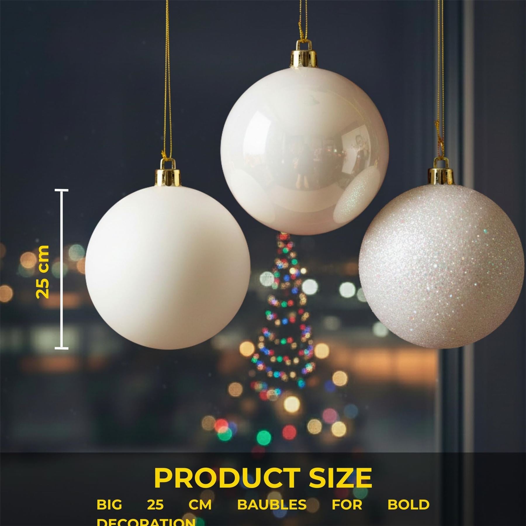 25cm White Christmas Baubles – Assorted 3-Pack (Matte & Glitter, Shatterproof)