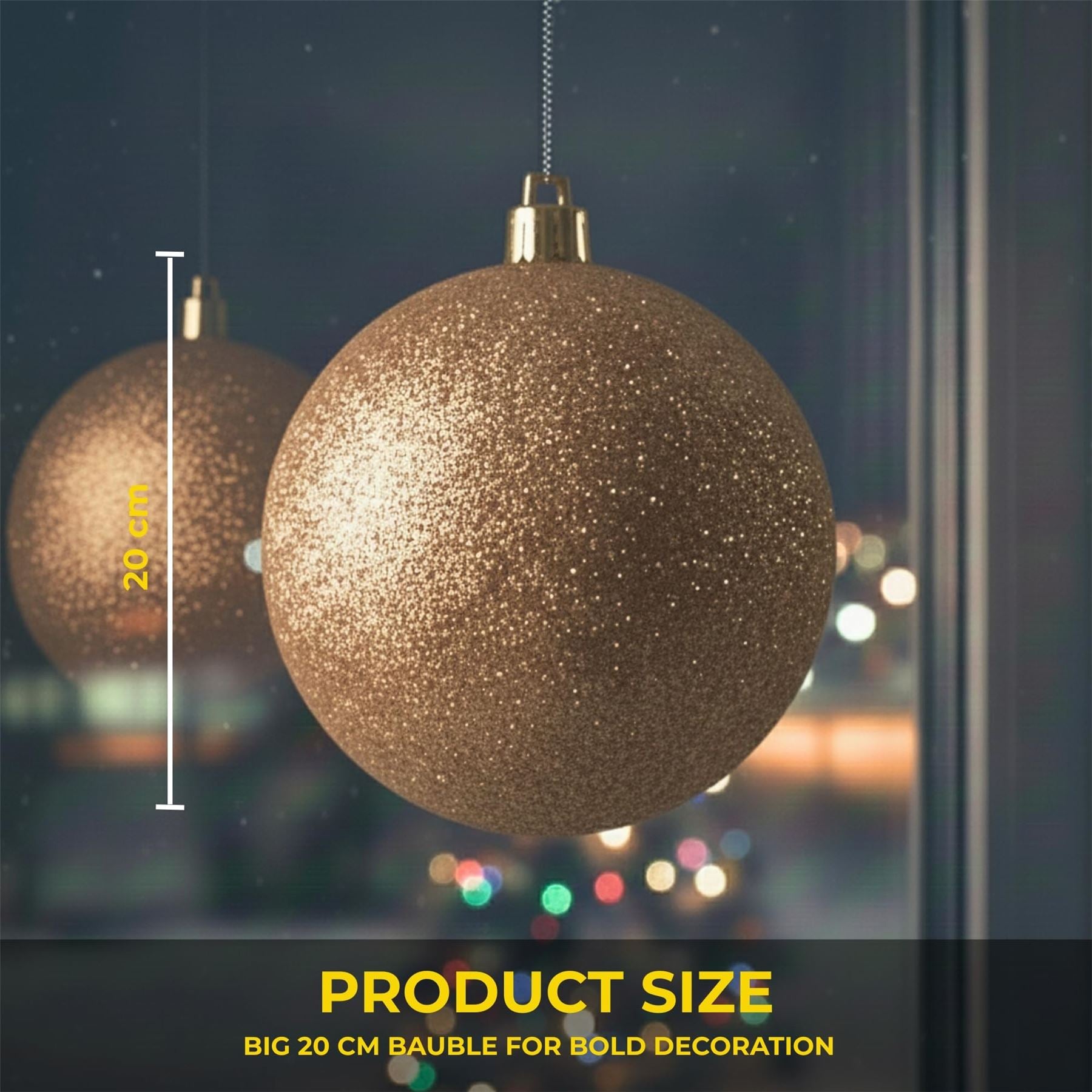 20cm Champagne Glitter Shatterproof Christmas Bauble – Sparkling Festive Hanging Decoration