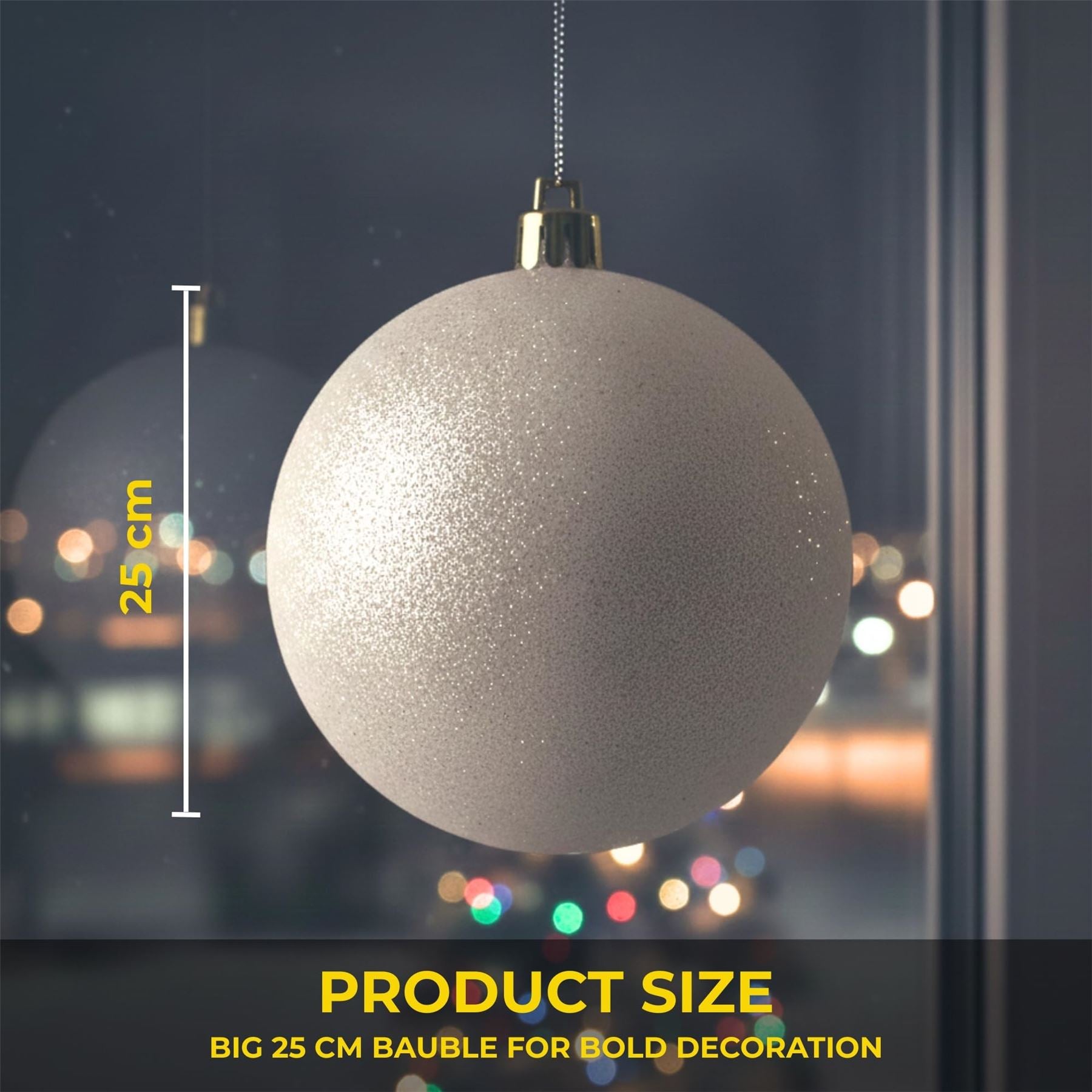 25cm White Christmas Bauble – Glitter Finish, Shatterproof