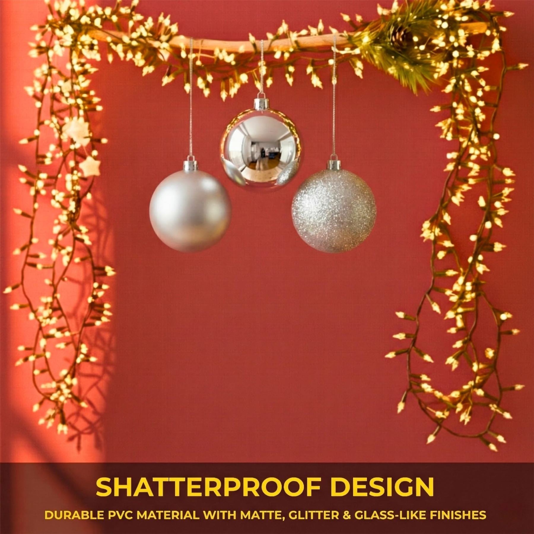 20cm Silver Christmas Baubles – Assorted 3-Pack (Matt & Glitter, Shatterproof)