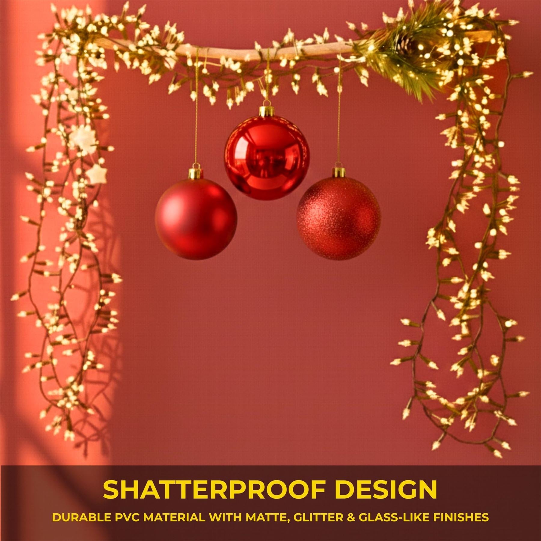 20cm Red Christmas Bauble Set (3pcs) – Assorted Matt & Glitter Shatterproof Decorations