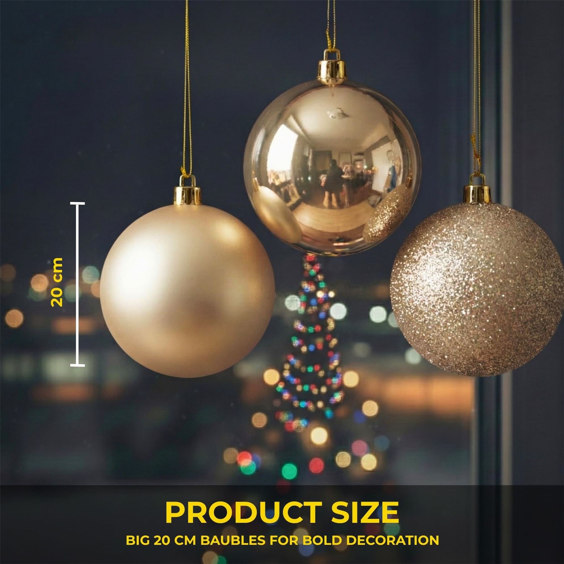 20cm Champagne Christmas Baubles – Assorted 3-Pack (Matt & Glitter, Shatterproof)
