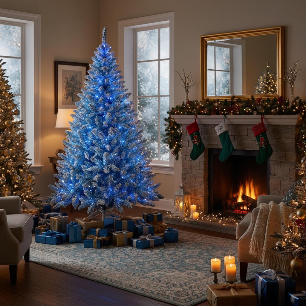 7Ft Christmas Tree Prelit Snow Flock Blue LED Artificial Pine Holiday Home Decor