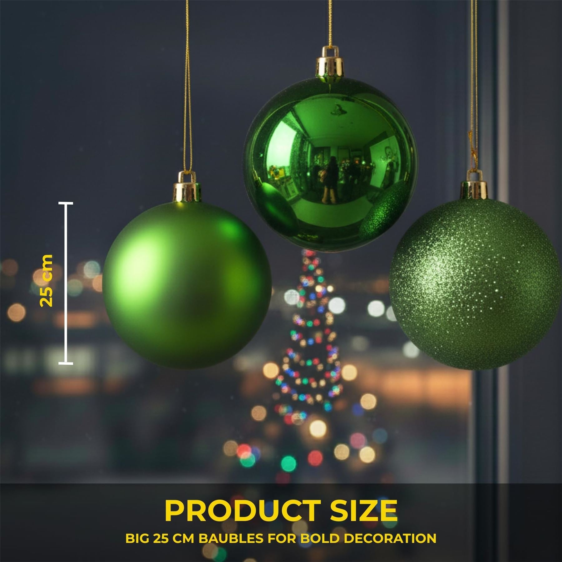25cm Dark Green Christmas Baubles – Assorted 3-Pack (Matte & Glitter, Shatterproof)