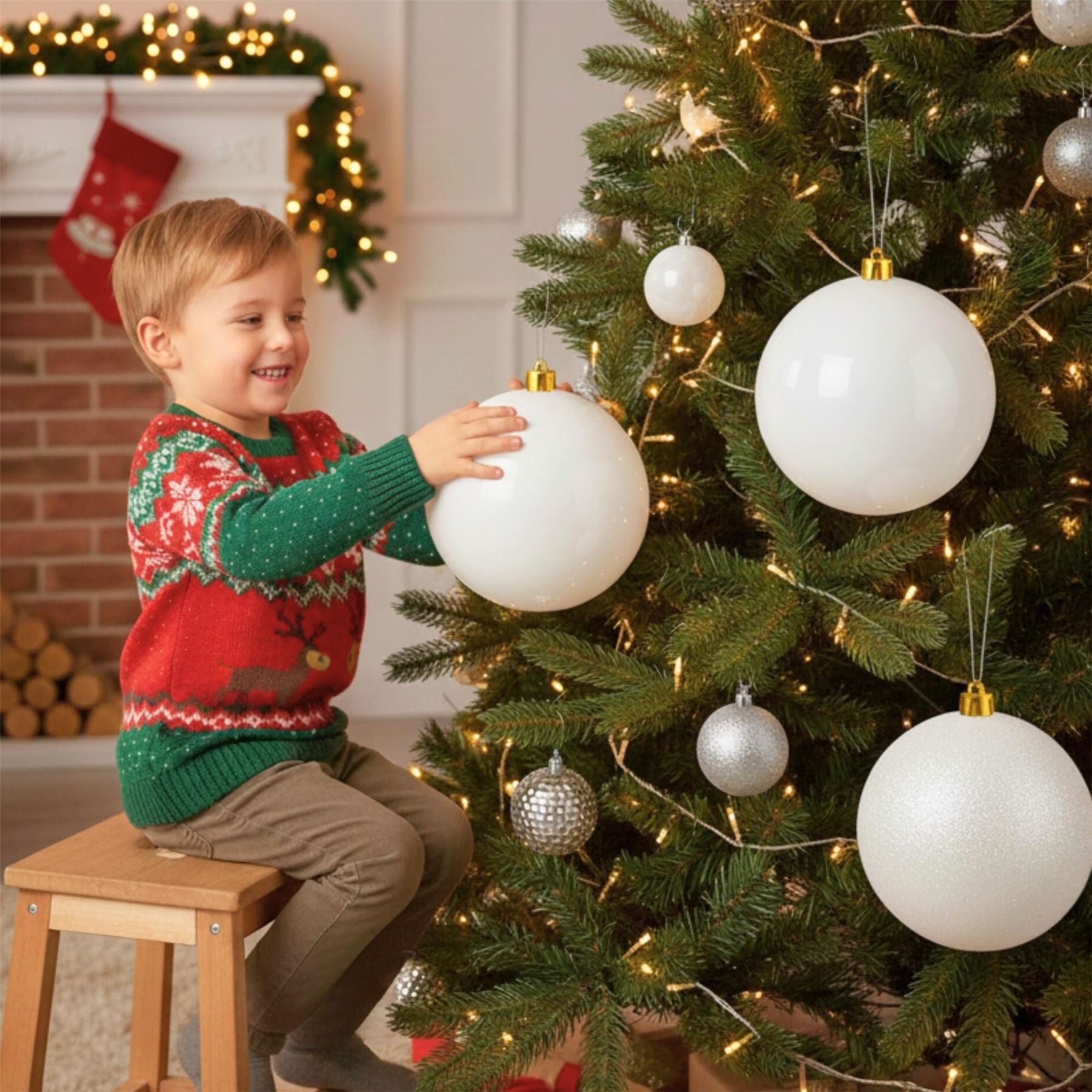 25cm White Christmas Baubles – Assorted 3-Pack (Matte & Glitter, Shatterproof)