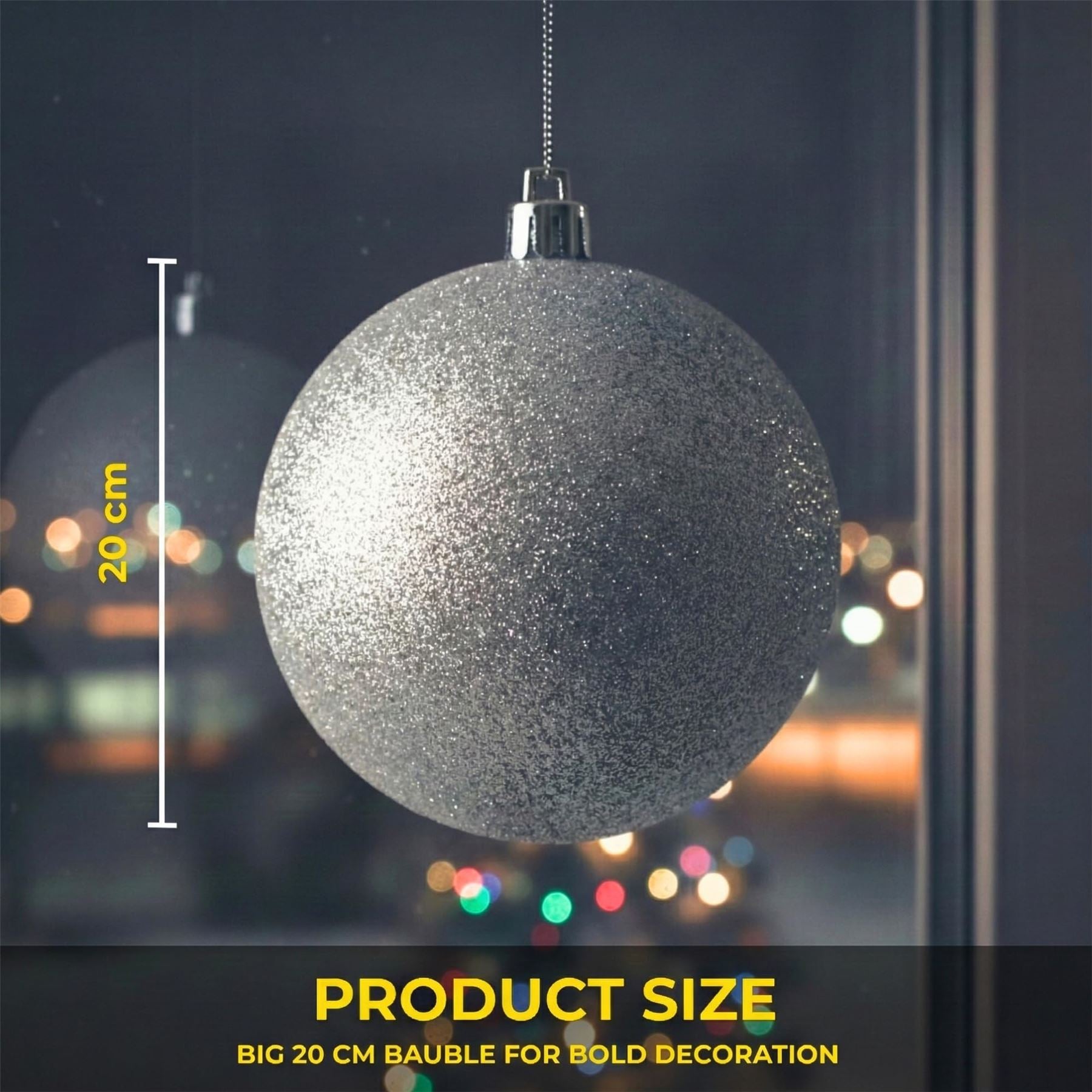 20cm Silver Glitter Shatterproof Christmas Bauble – Sparkling Festive Hanging Decoration