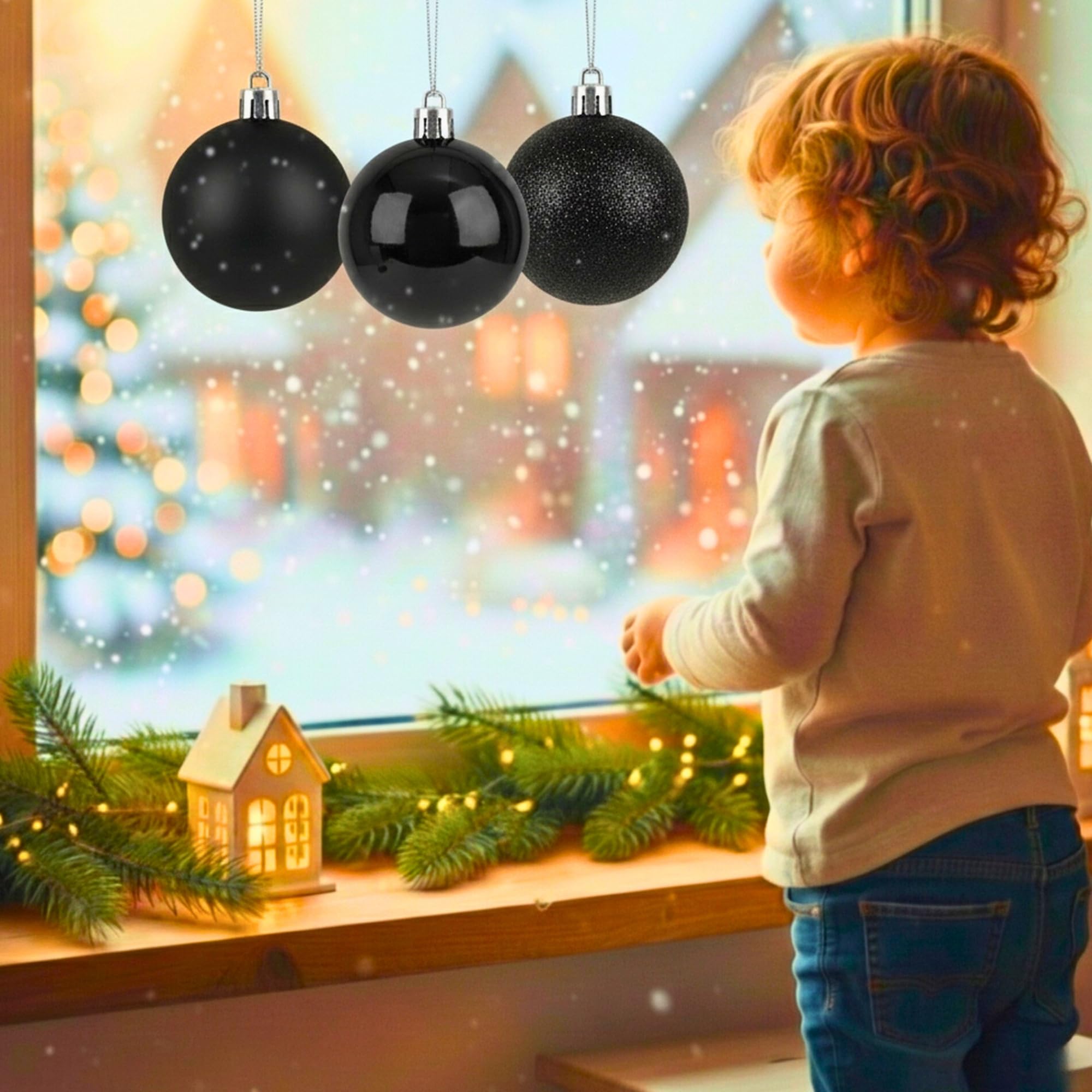 20cm Black Christmas Baubles – Assorted 3-Piece Set (Matt & Glitter, Shatterproof)