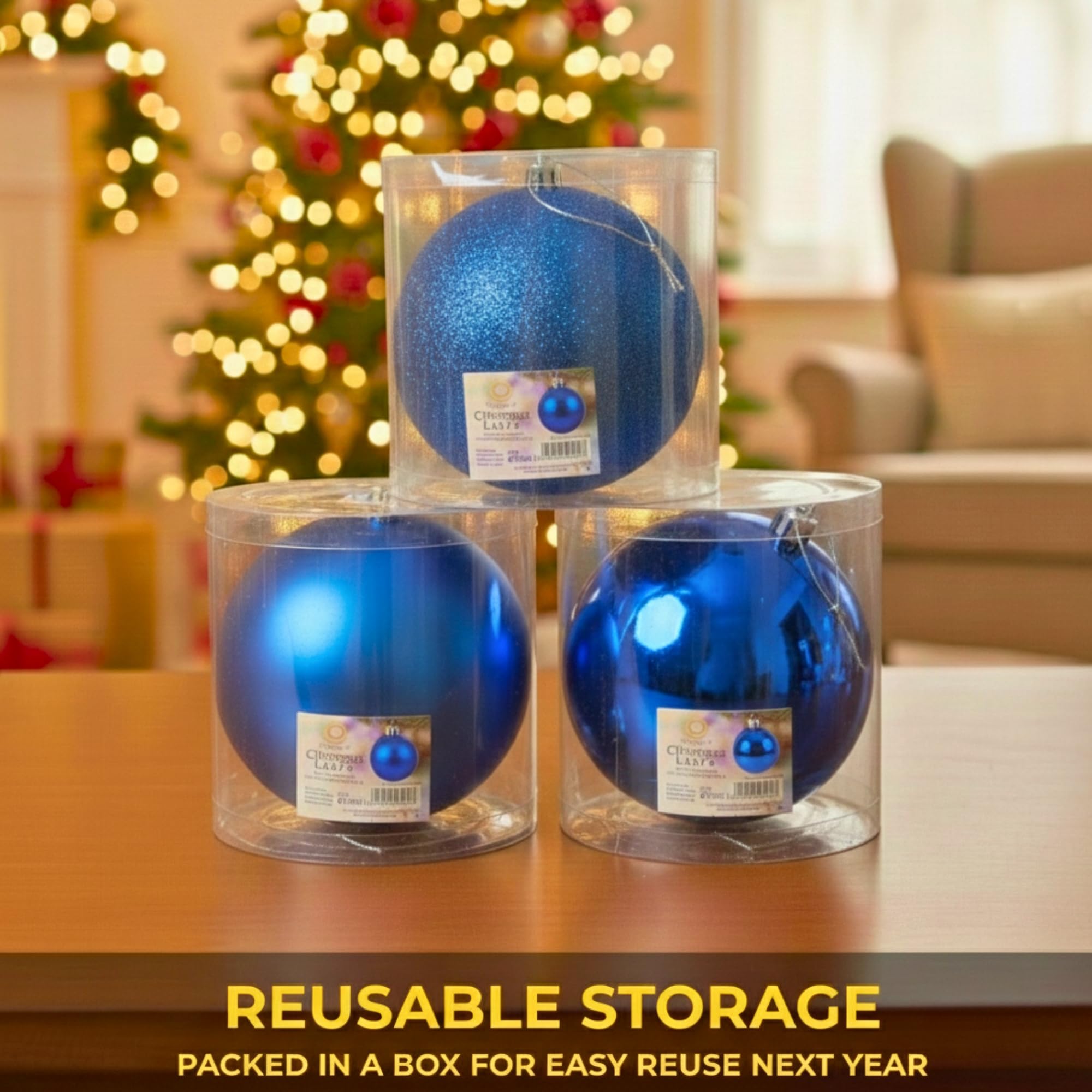 20cm Dark Blue Shatterproof Bauble Set – Matt, Gloss & Glitter (3 Pack)