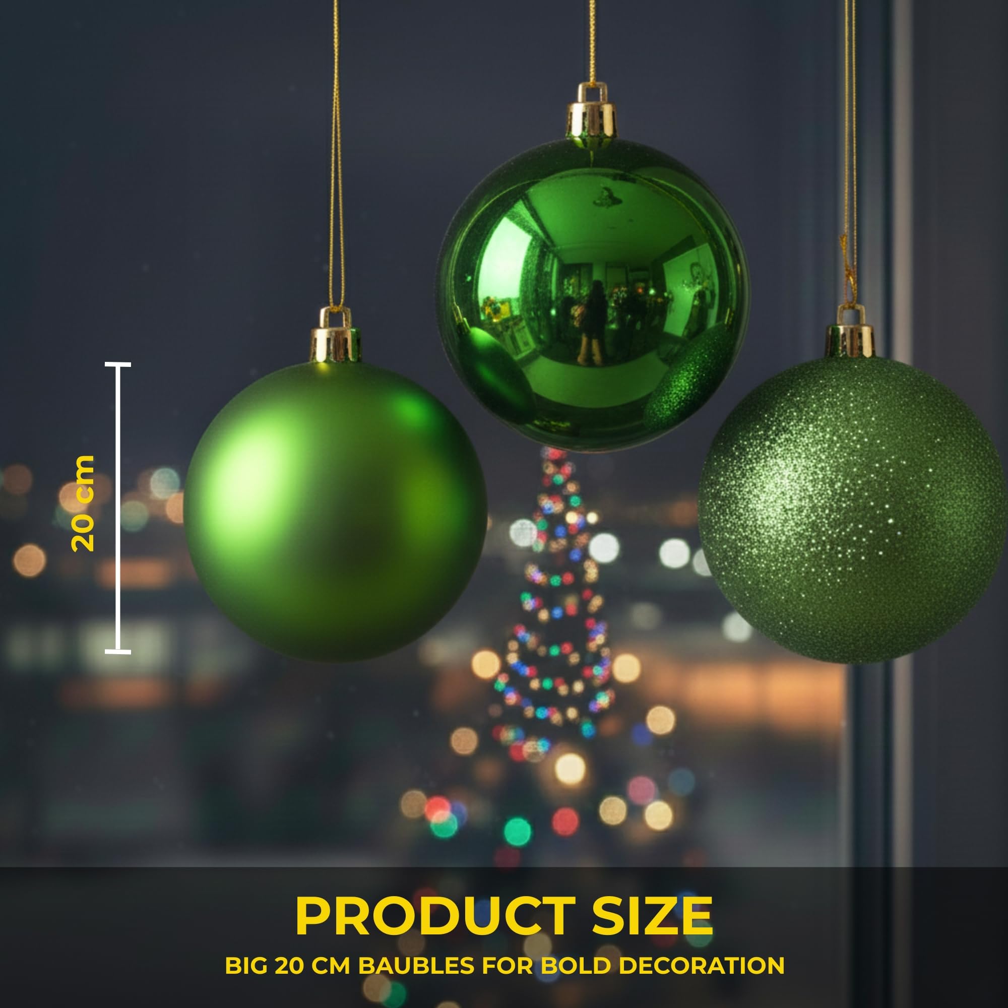 20cm Dark Green Christmas Baubles – Assorted 3-Pack (Matt & Glitter, Shatterproof)