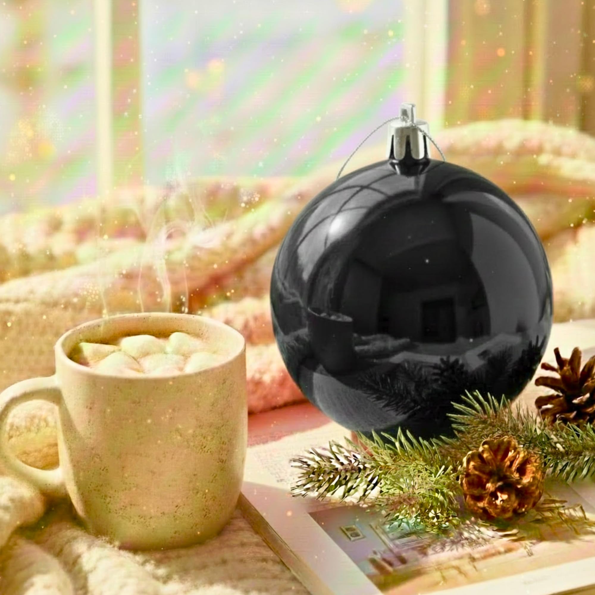 20cm Black Shatterproof Christmas Bauble – Glossy Festive Hanging Decoration