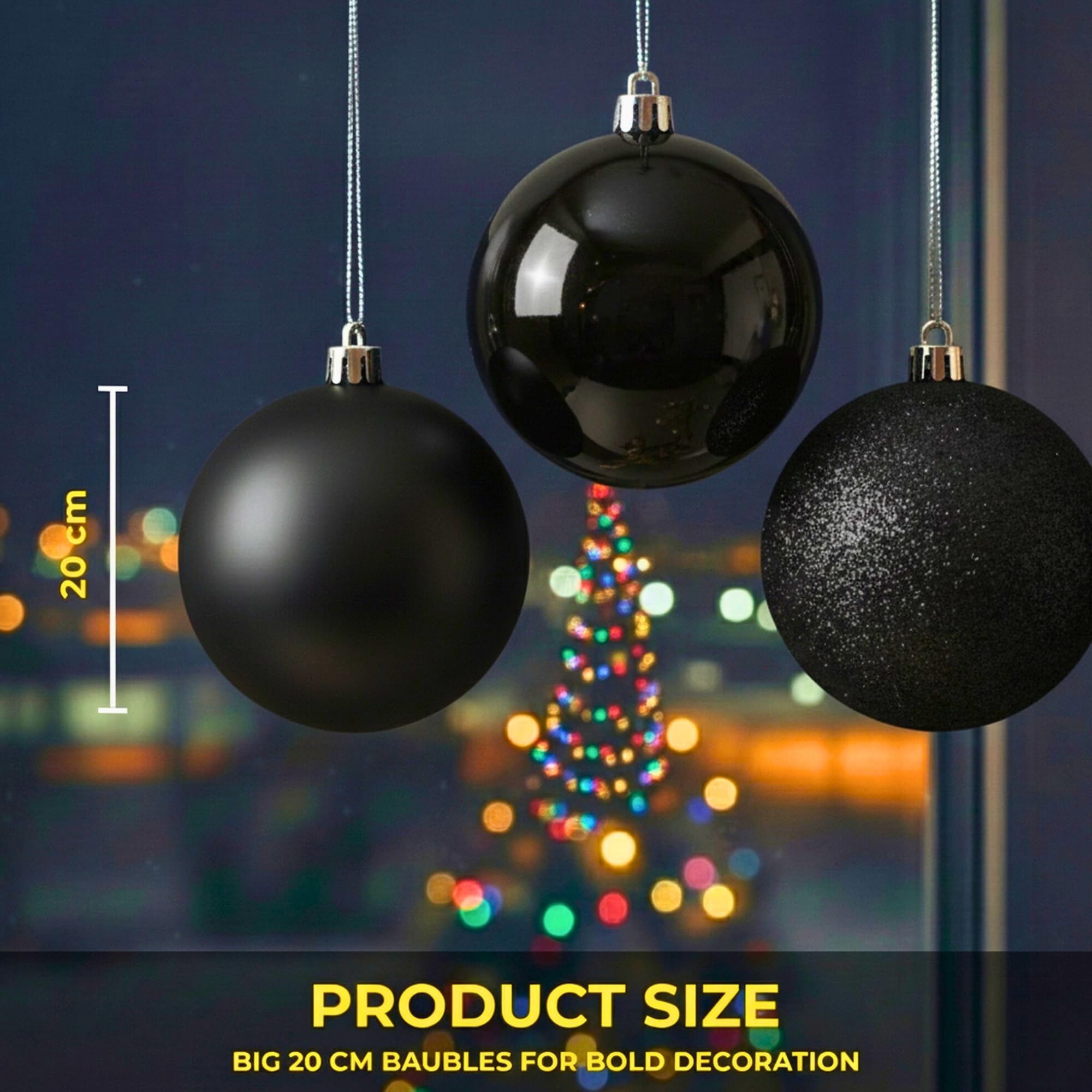 20cm Black Christmas Baubles – Assorted 3-Piece Set (Matt & Glitter, Shatterproof)