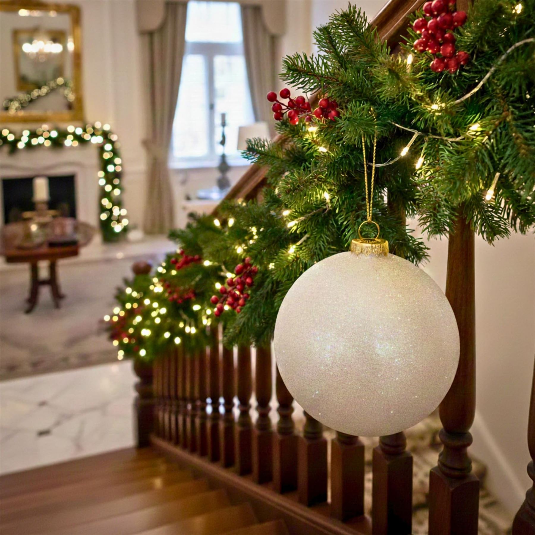 25cm White Christmas Bauble – Glitter Finish, Shatterproof