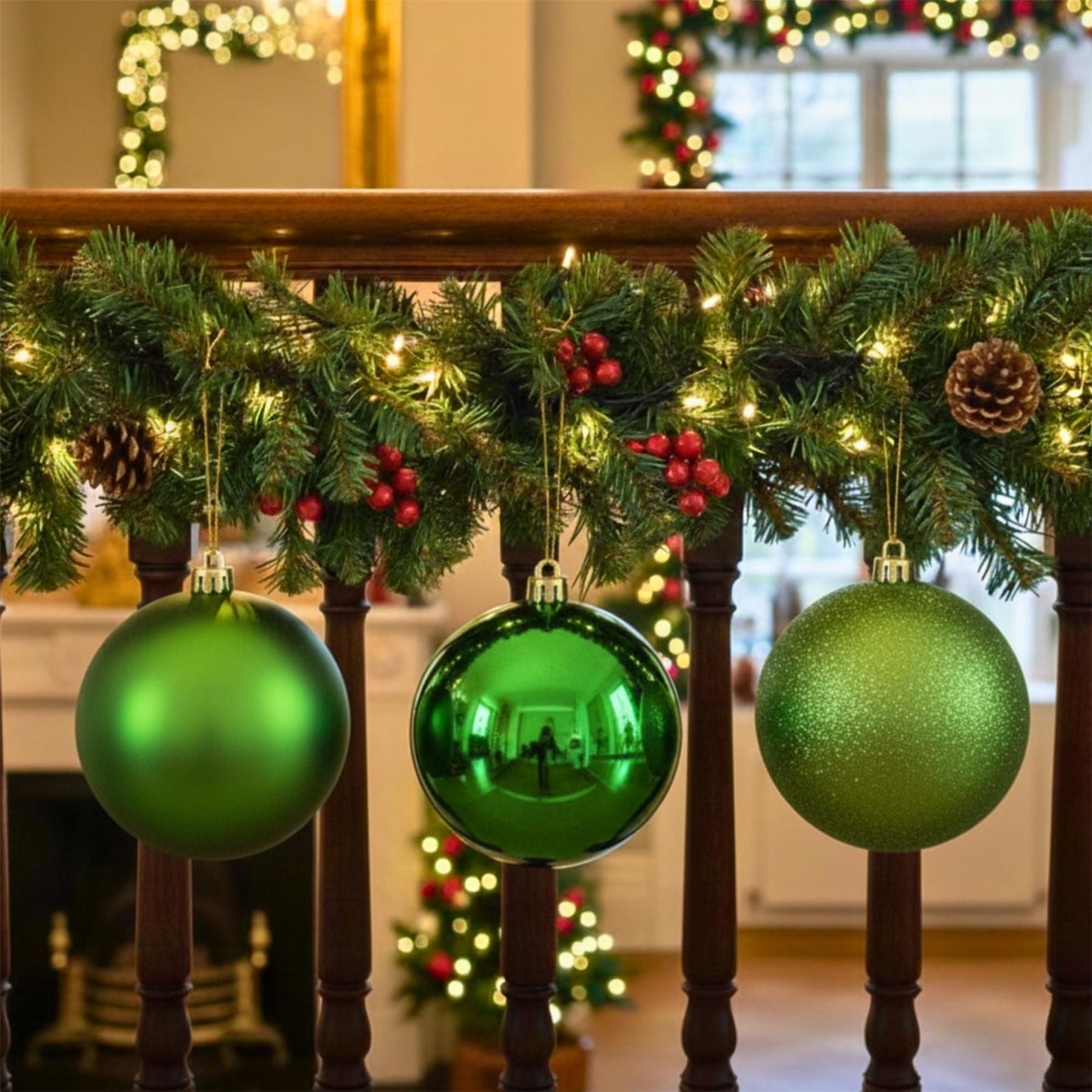 25cm Dark Green Christmas Baubles – Assorted 3-Pack (Matte & Glitter, Shatterproof)
