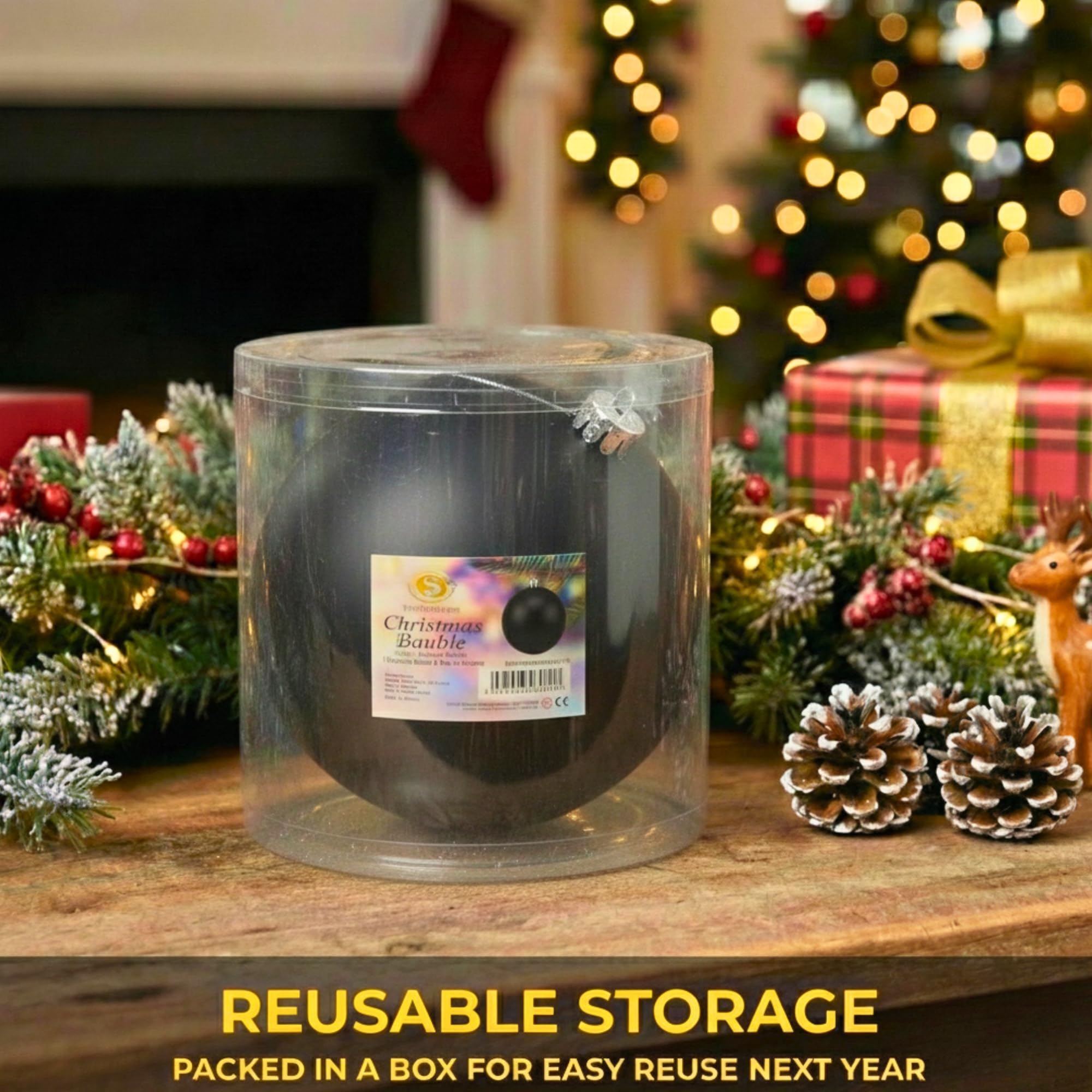 20cm Black Matte Shatterproof Christmas Bauble – Elegant Festive Hanging Decoration