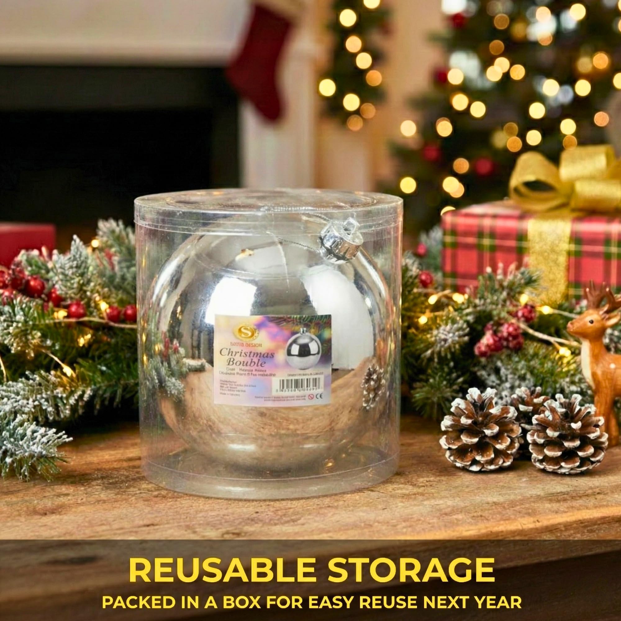 20cm Silver Shatterproof Christmas Bauble – Gloss Finish