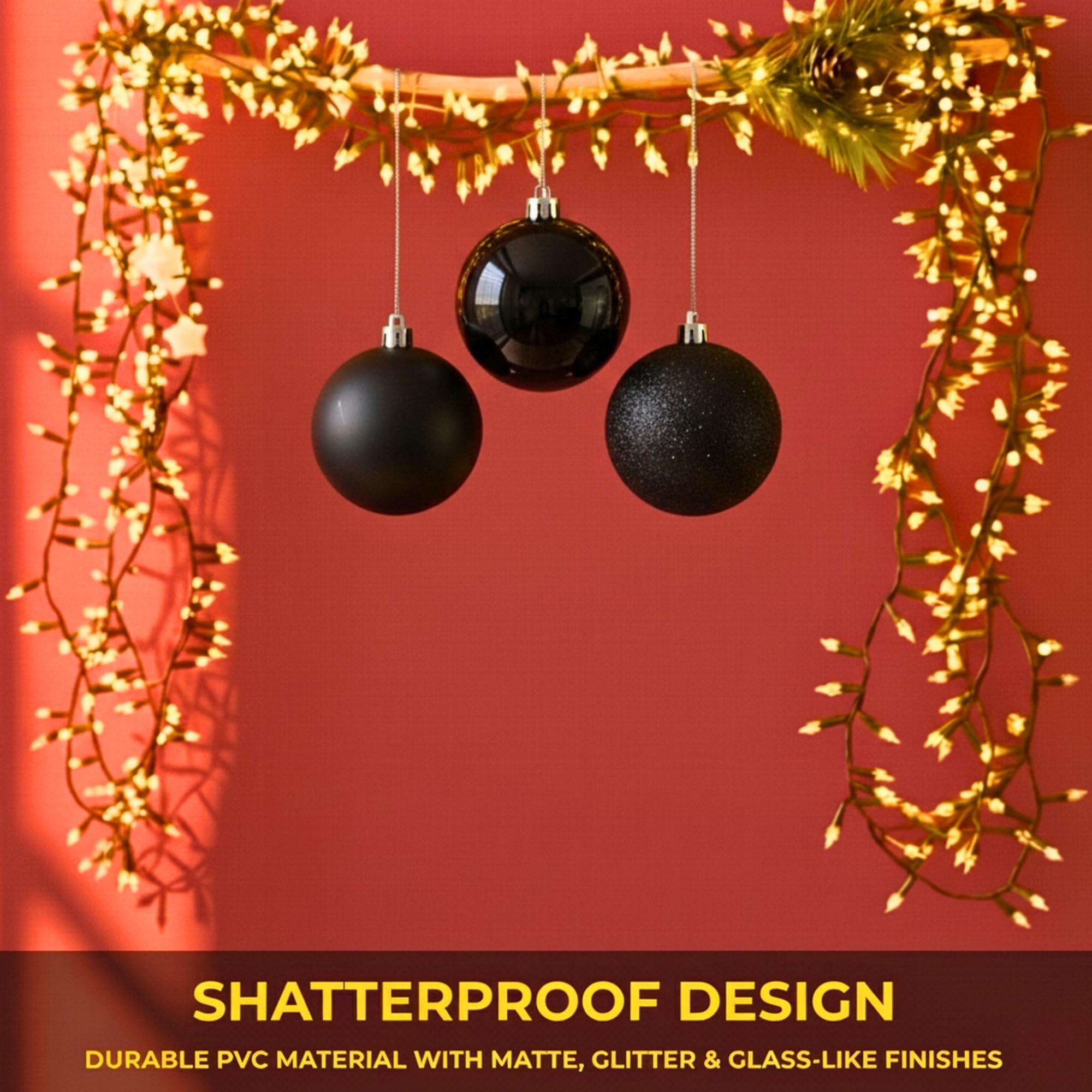 20cm Black Glitter Shatterproof Christmas Bauble – Sparkling Festive Hanging Decoration