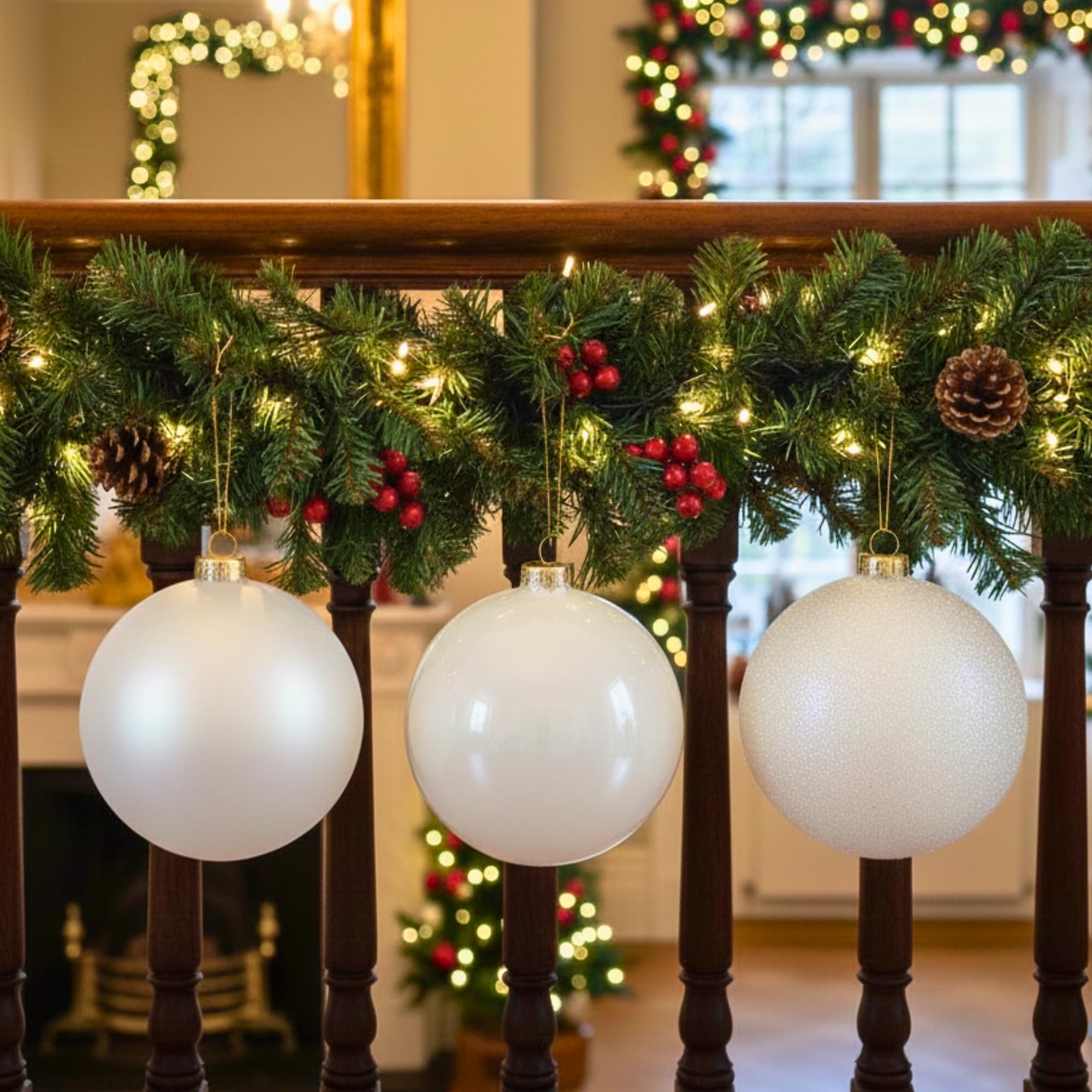 20cm White Christmas Baubles – Assorted 3-Pack (Matt & Glitter, Shatterproof)