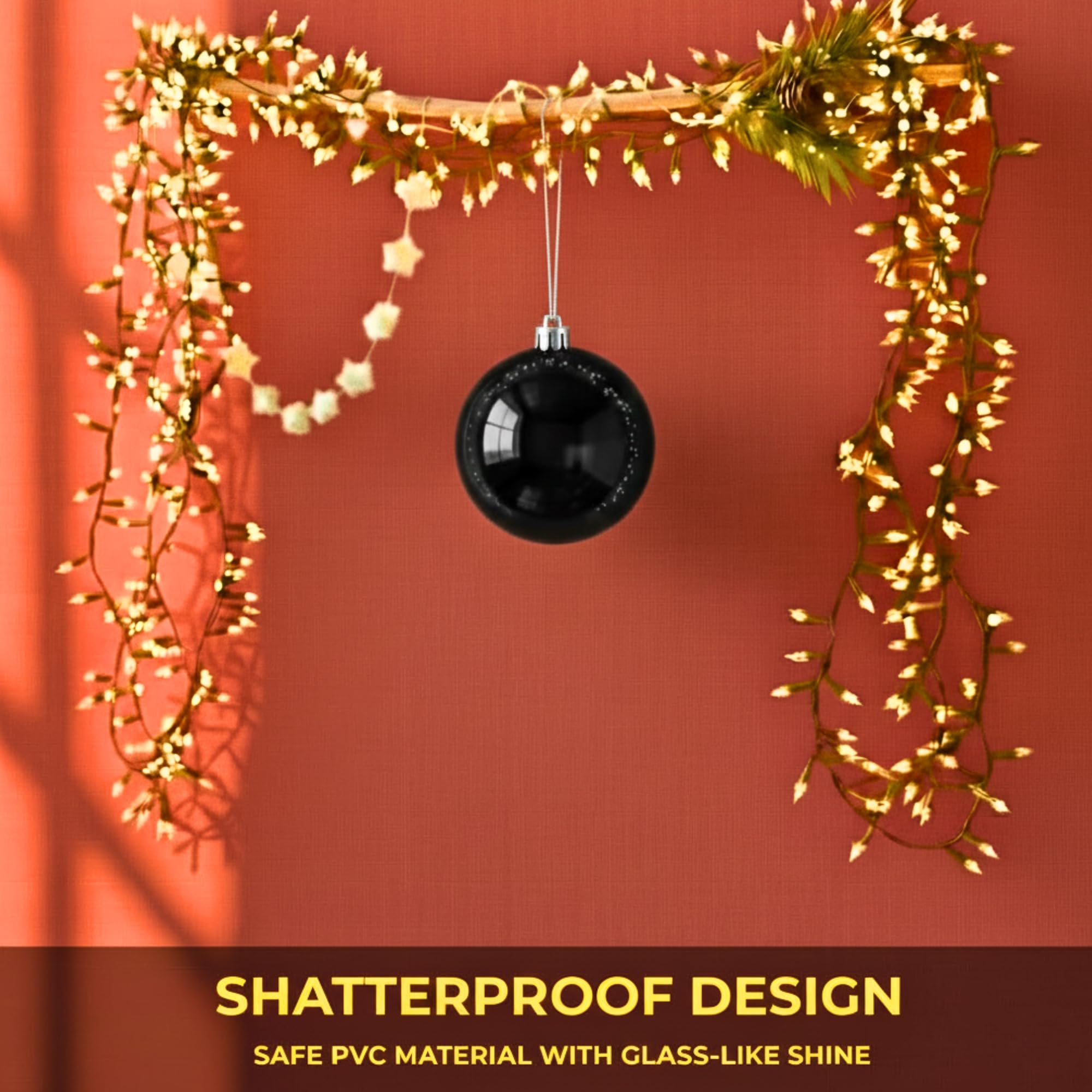 20cm Black Shatterproof Christmas Bauble – Glossy Festive Hanging Decoration