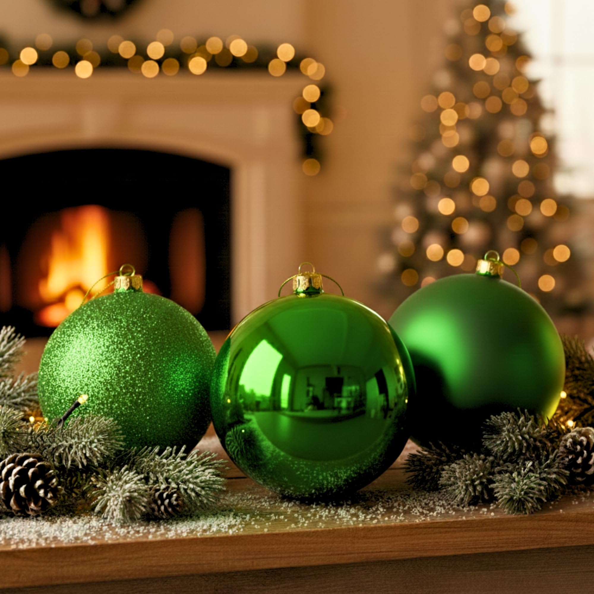 20cm Dark Green Christmas Baubles – Assorted 3-Pack (Matt & Glitter, Shatterproof)