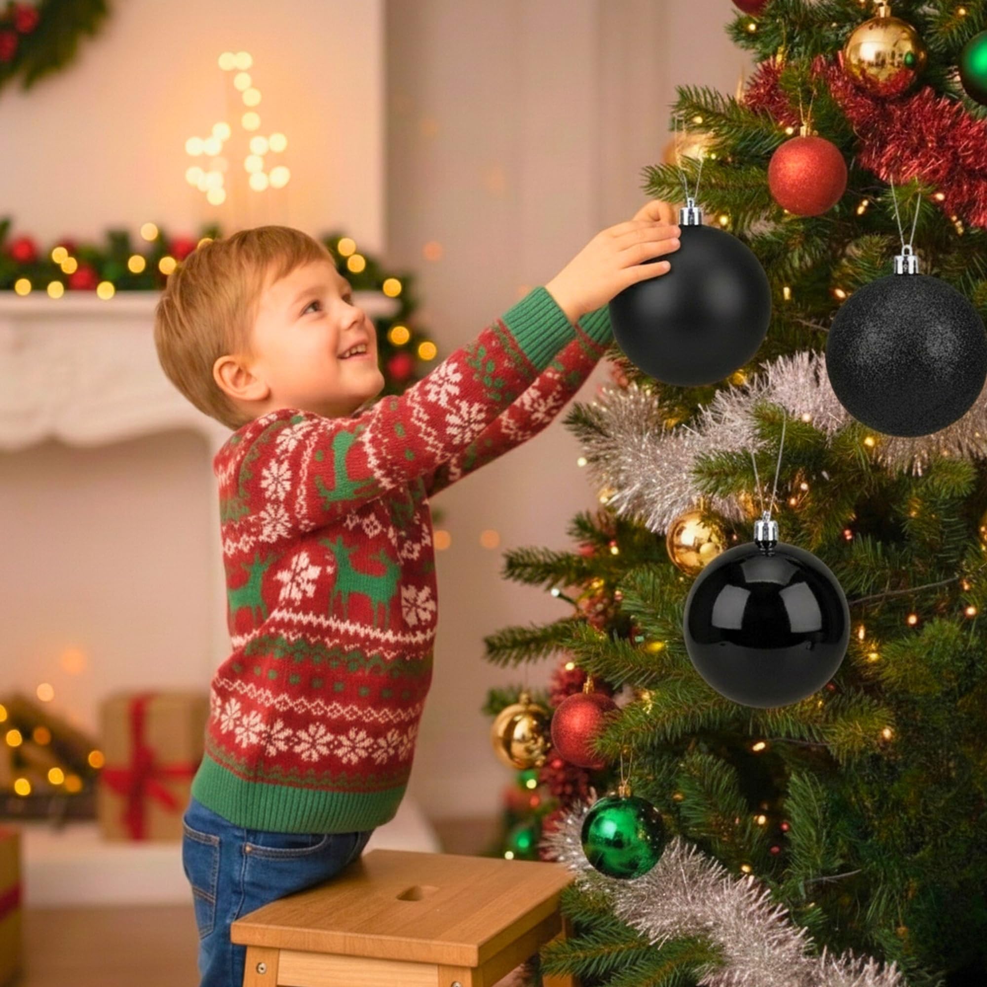 20cm Black Glitter Shatterproof Christmas Bauble – Sparkling Festive Hanging Decoration