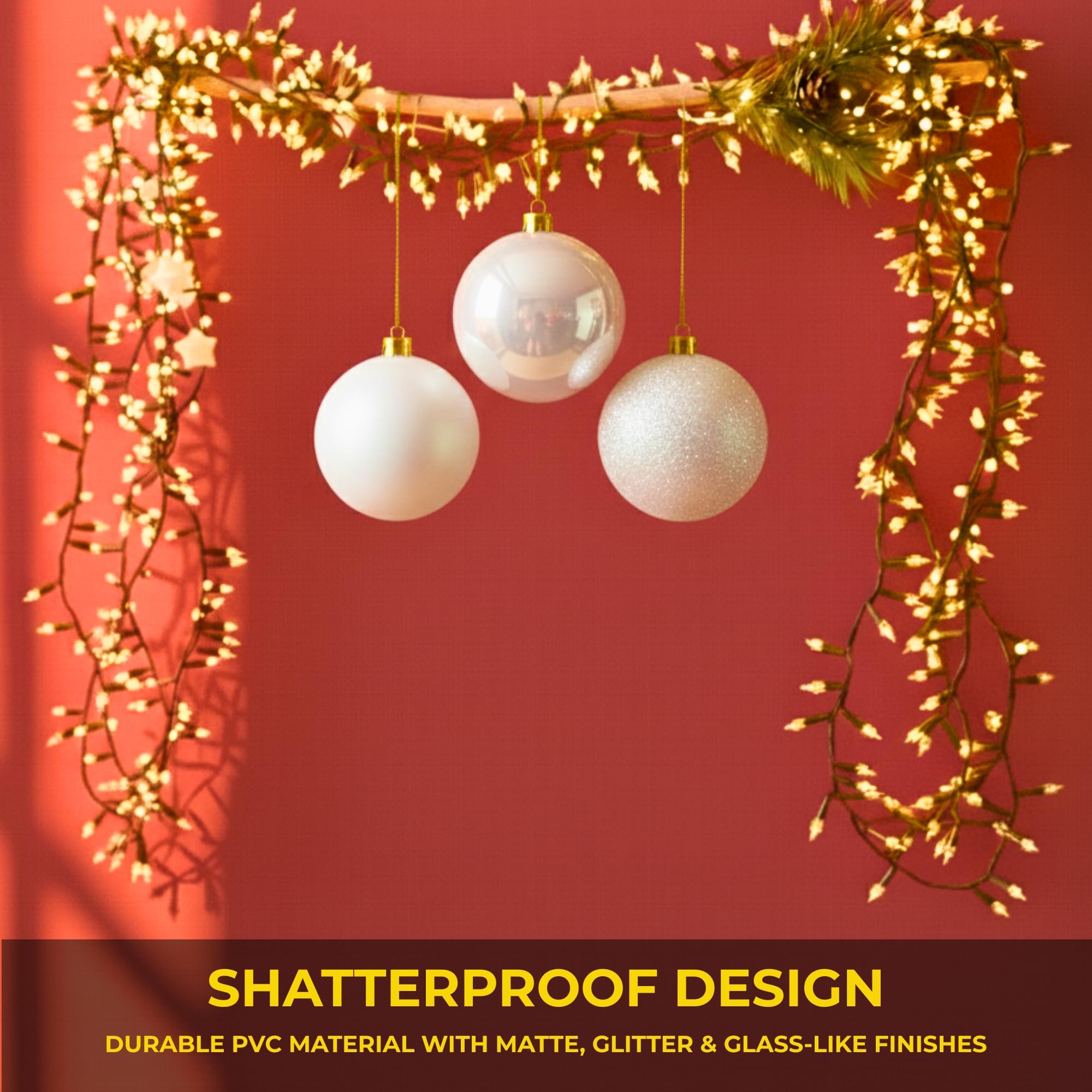 20cm White Christmas Baubles – Assorted 3-Pack (Matt & Glitter, Shatterproof)