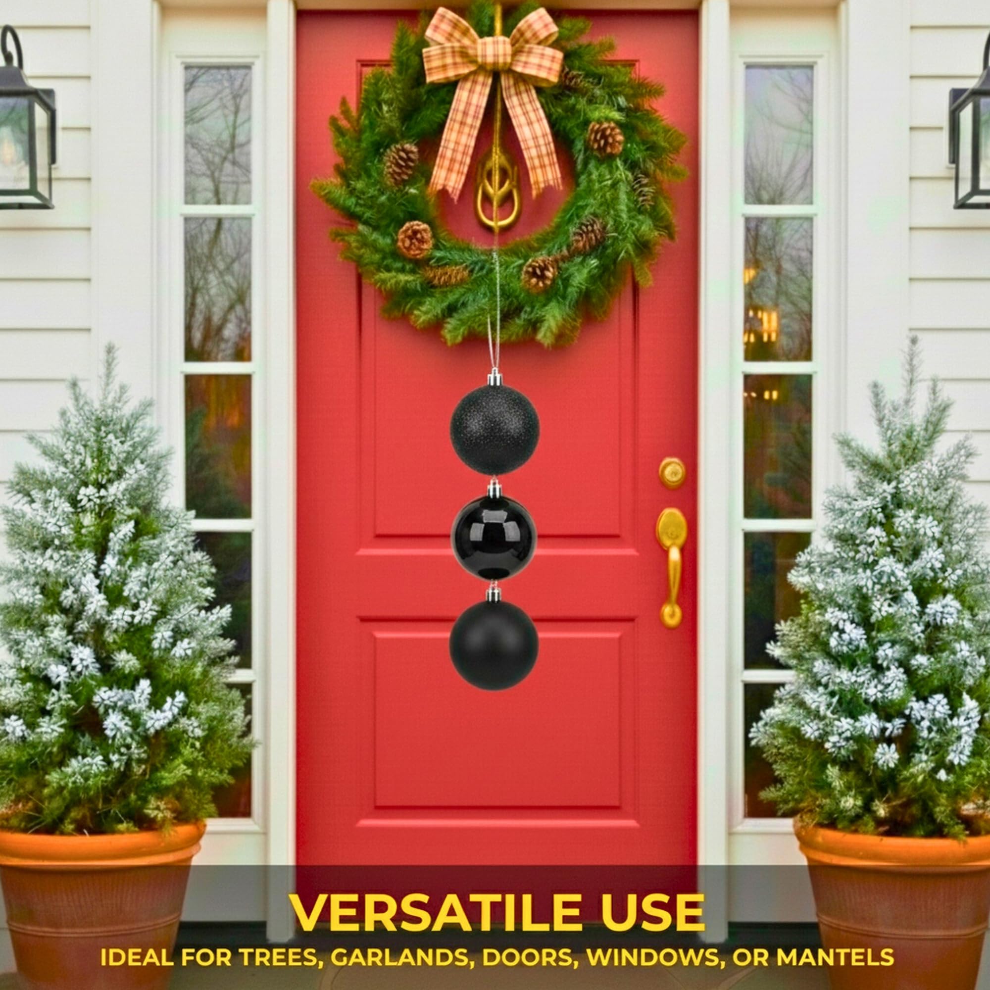 20cm Black Christmas Baubles – Assorted 3-Piece Set (Matt & Glitter, Shatterproof)