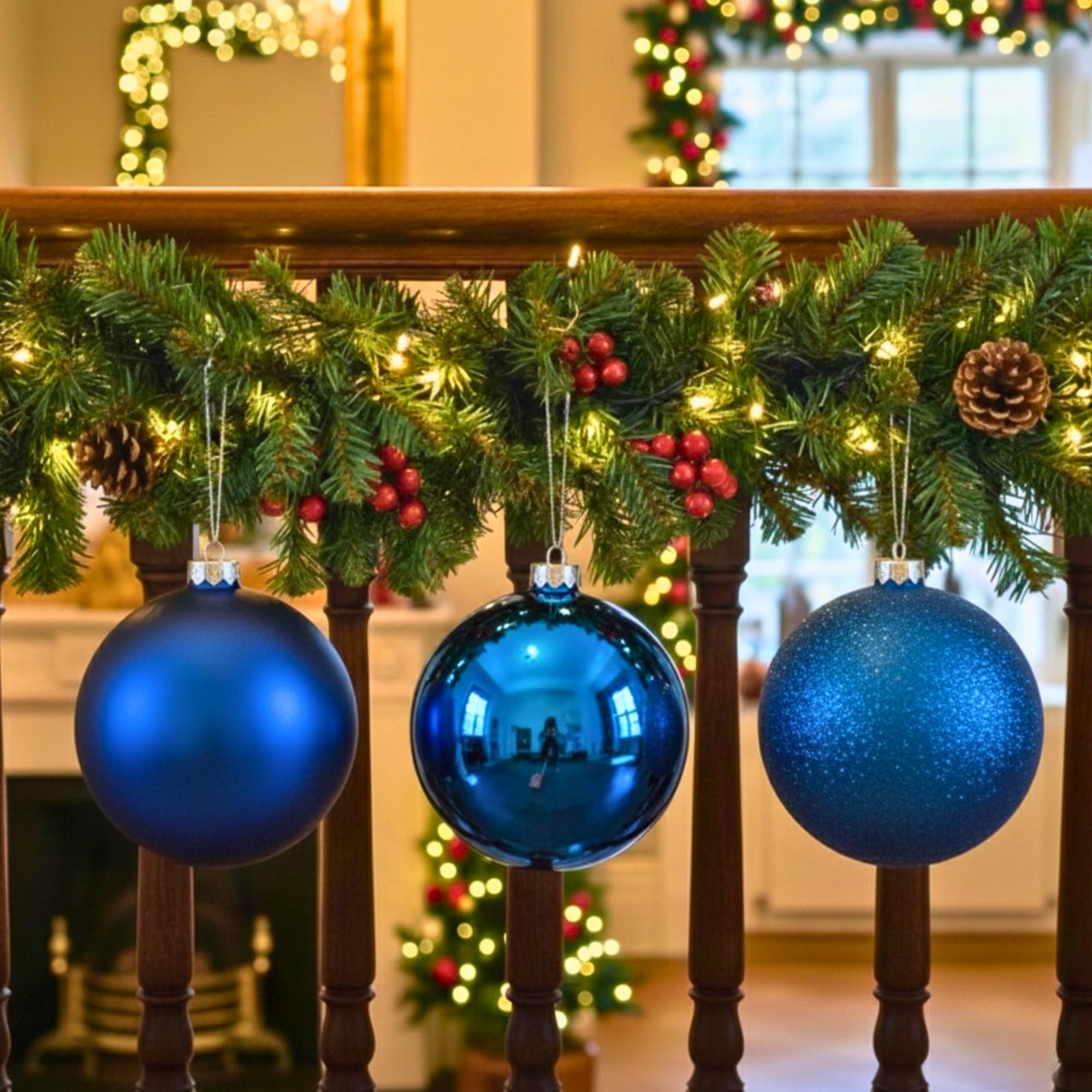 20cm Dark Blue Shatterproof Bauble Set – Matt, Gloss & Glitter (3 Pack)