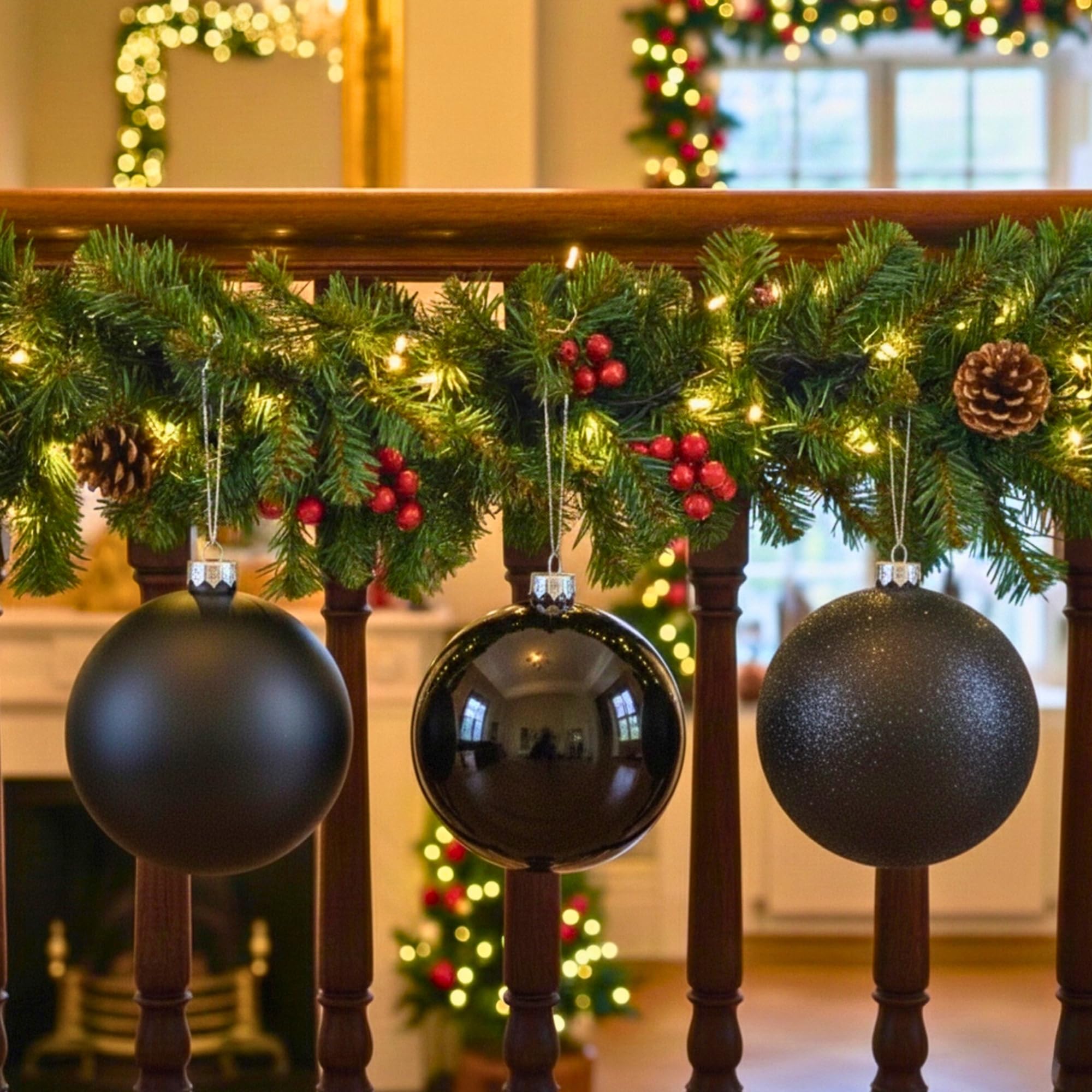 20cm Black Christmas Baubles – Assorted 3-Piece Set (Matt & Glitter, Shatterproof)