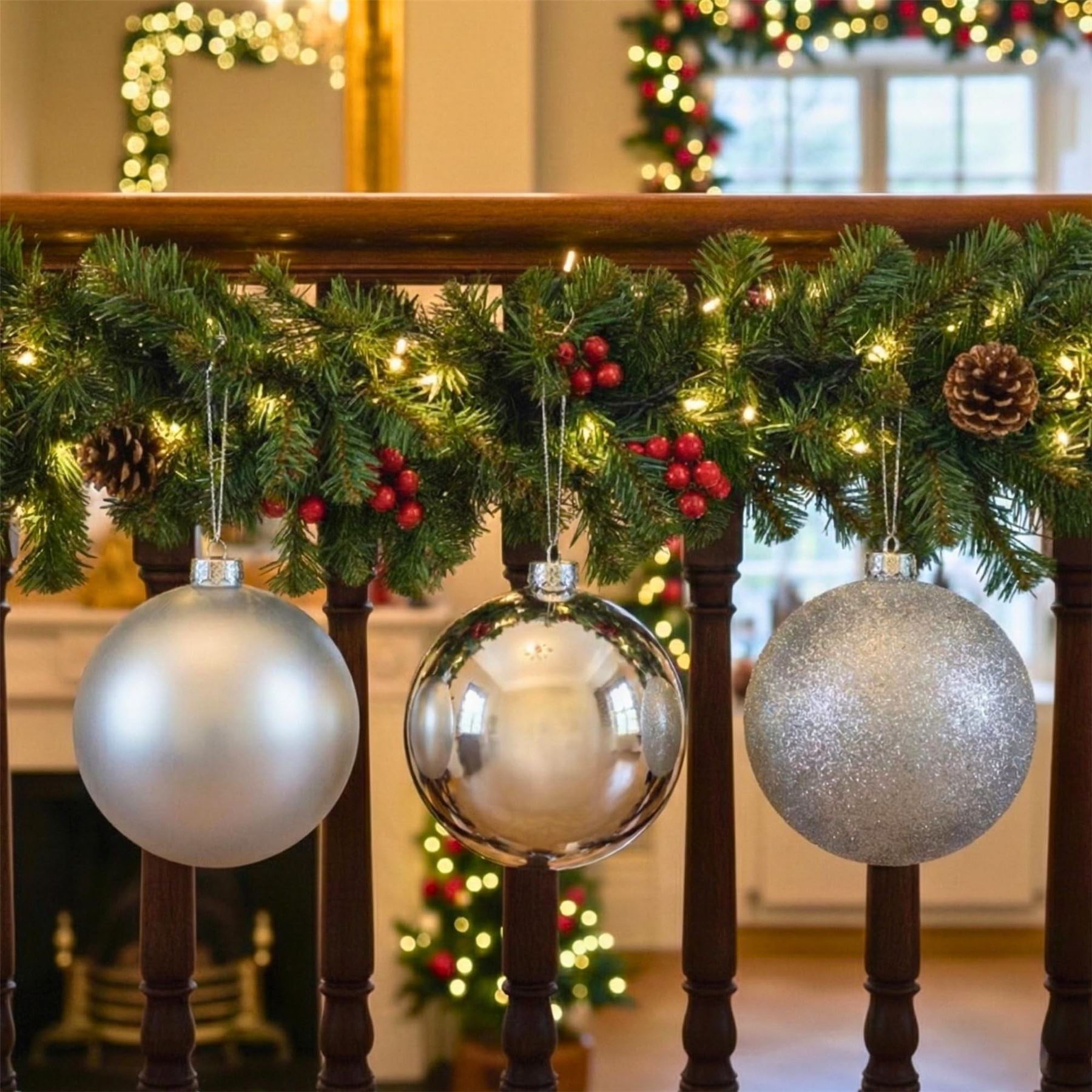 20cm Silver Christmas Baubles – Assorted 3-Pack (Matt & Glitter, Shatterproof)