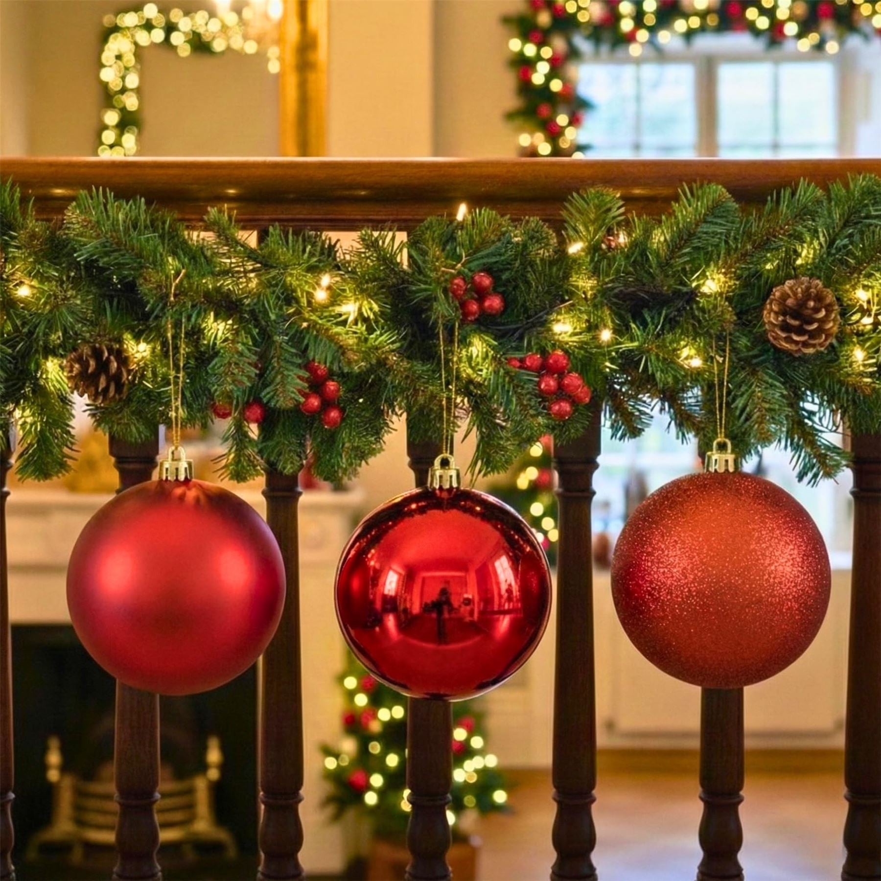 20cm Red Christmas Bauble Set (3pcs) – Assorted Matt & Glitter Shatterproof Decorations