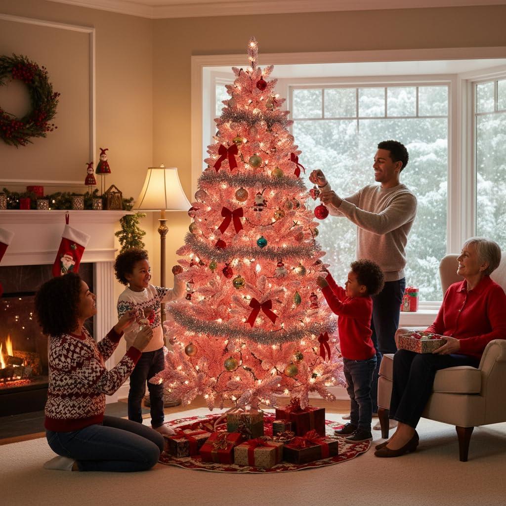 8Ft Christmas Tree Snow Flocked Pink Dusted Artificial Pine Holiday Home Decor