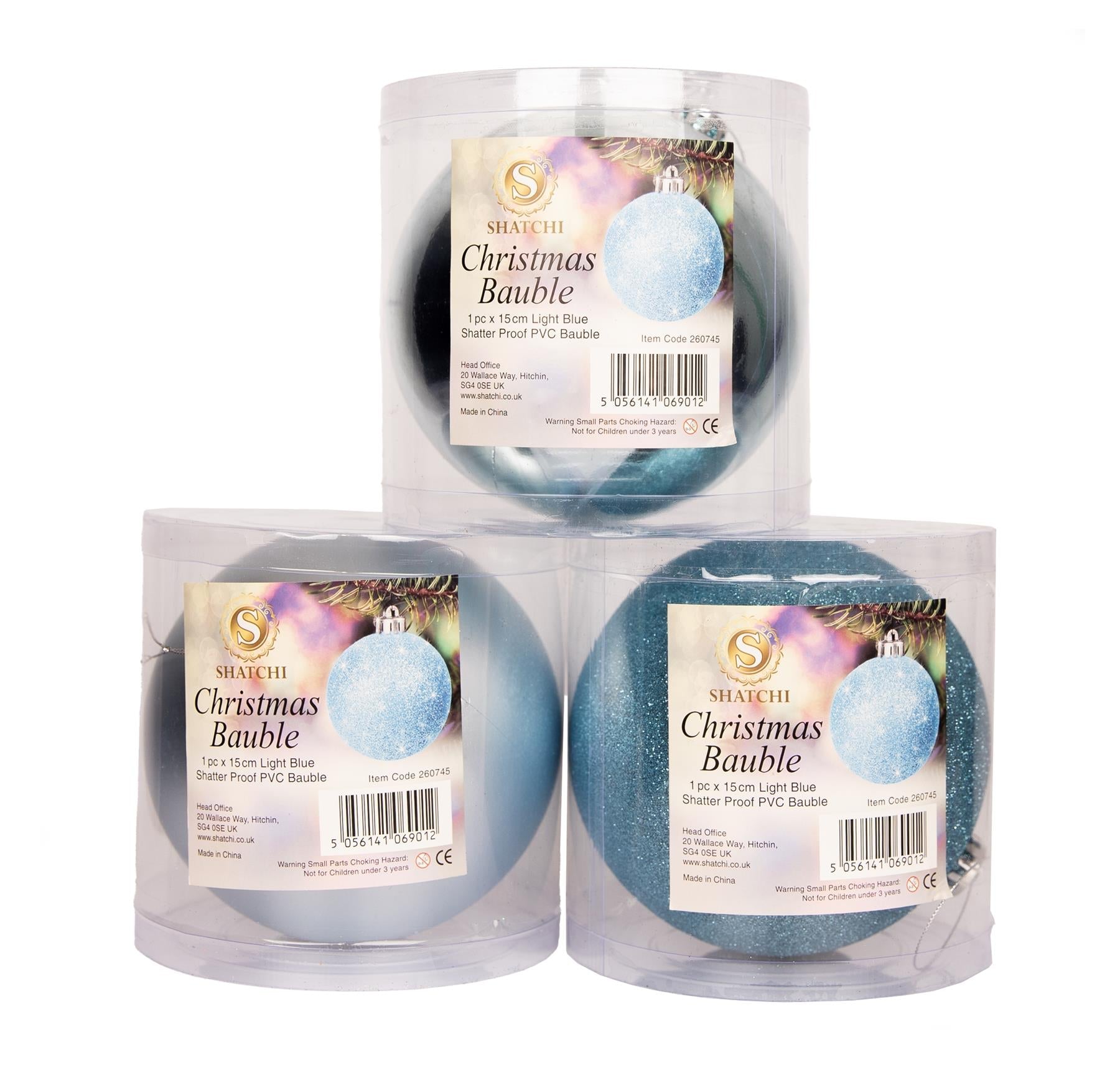3 Light Blue Shatterproof Christmas Baubles Glitter Matte Shiny 15cm Decoration