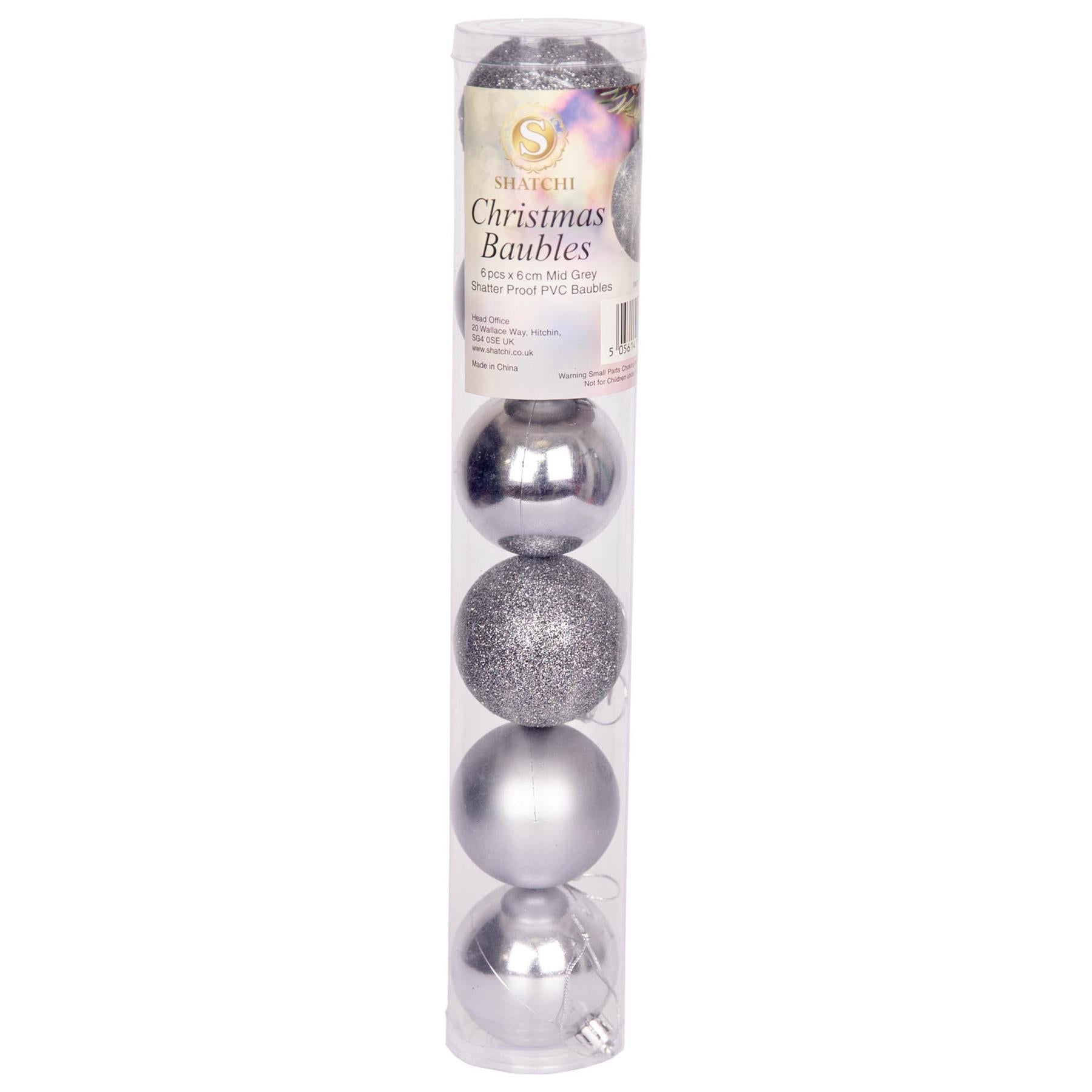 6x Mid Grey Baubles X'Mas Shatterproof Glitter Matte Shiny 6cm Festive Decor UK