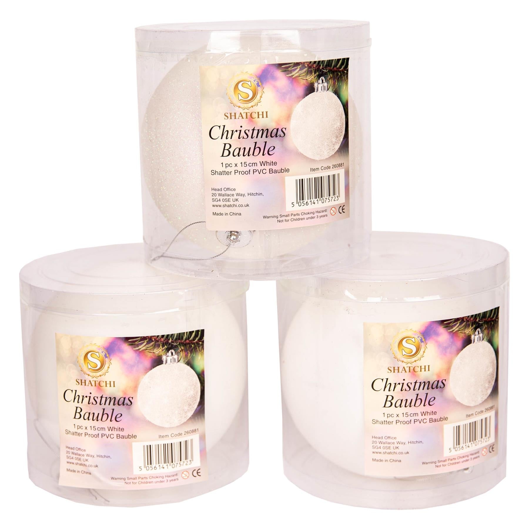 3 White Shatterproof Christmas Baubles Decoration Glitter Matte Shiny Finish