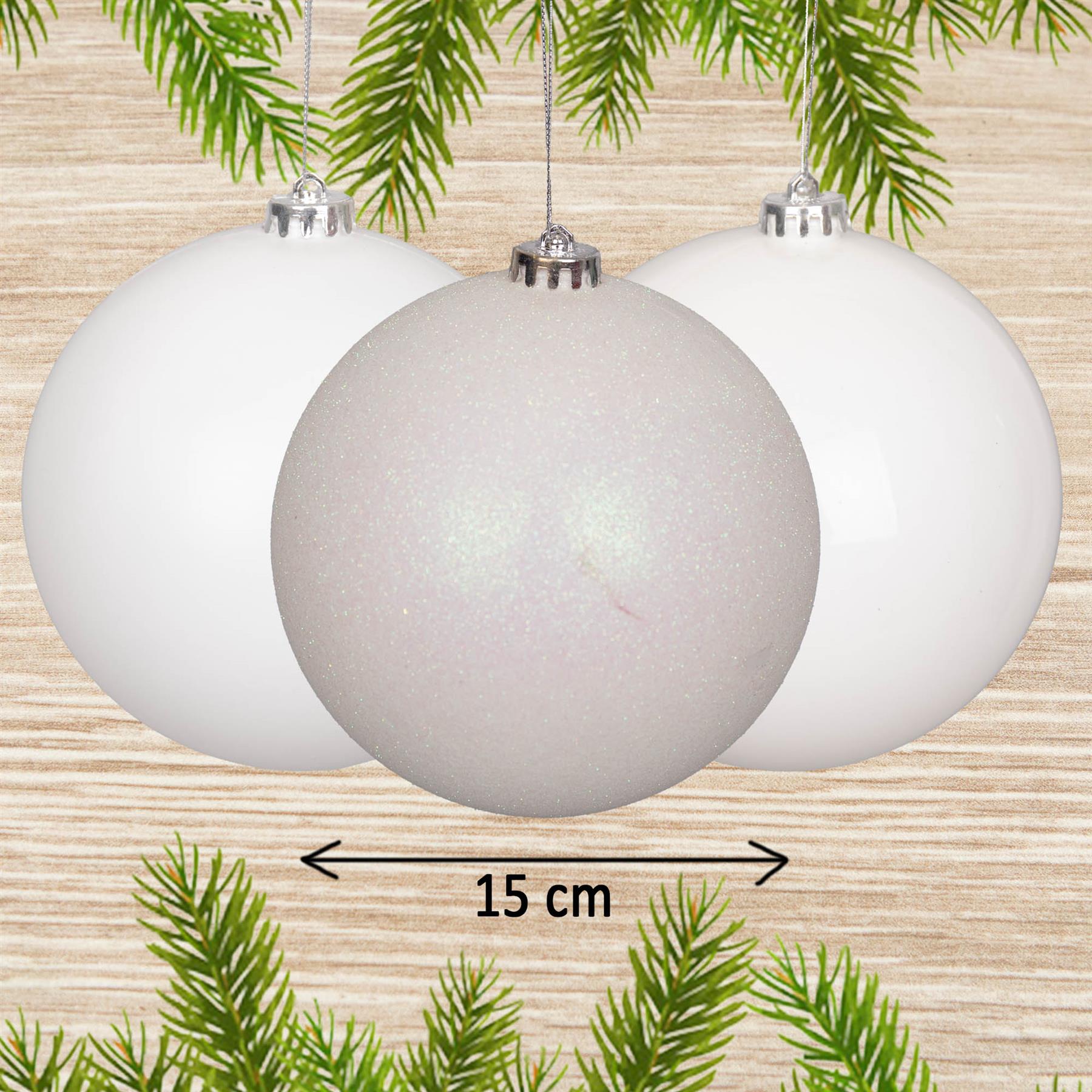 3 White Shatterproof Christmas Baubles Decoration Glitter Matte Shiny Finish