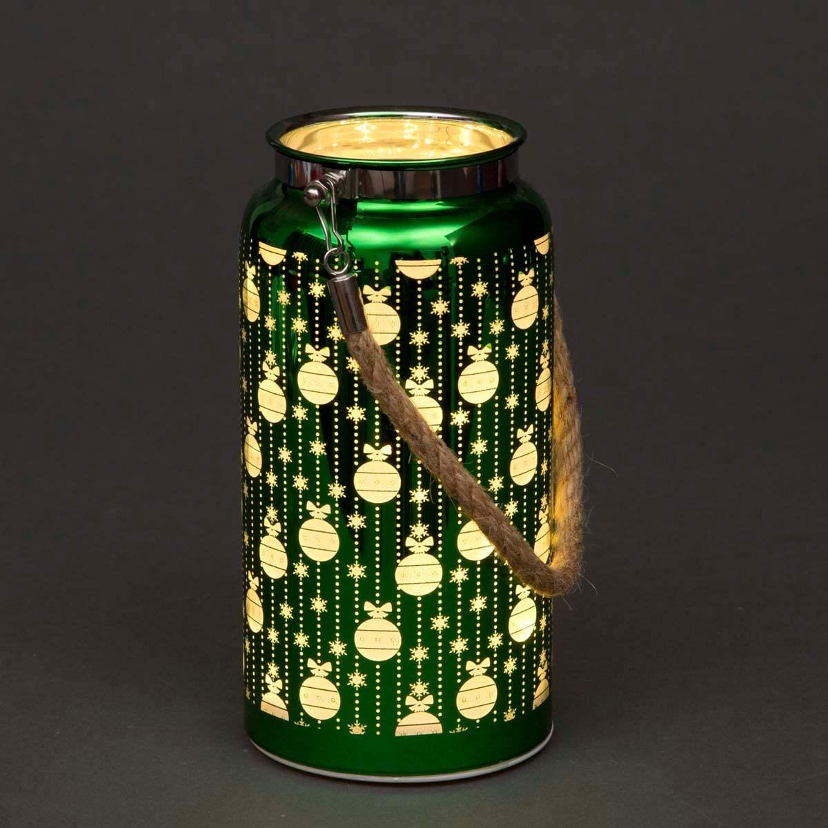 Christmas Decorated Jar Table Baubles Design Green Lantern 20Cm