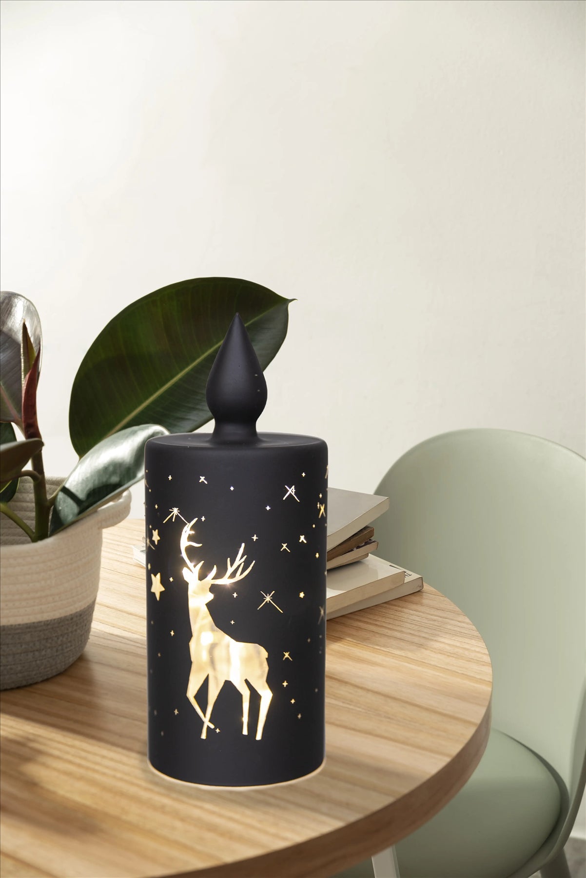 Christmas Decorated Vase Candle Led Black Glass Candle / Stag 27Cm
