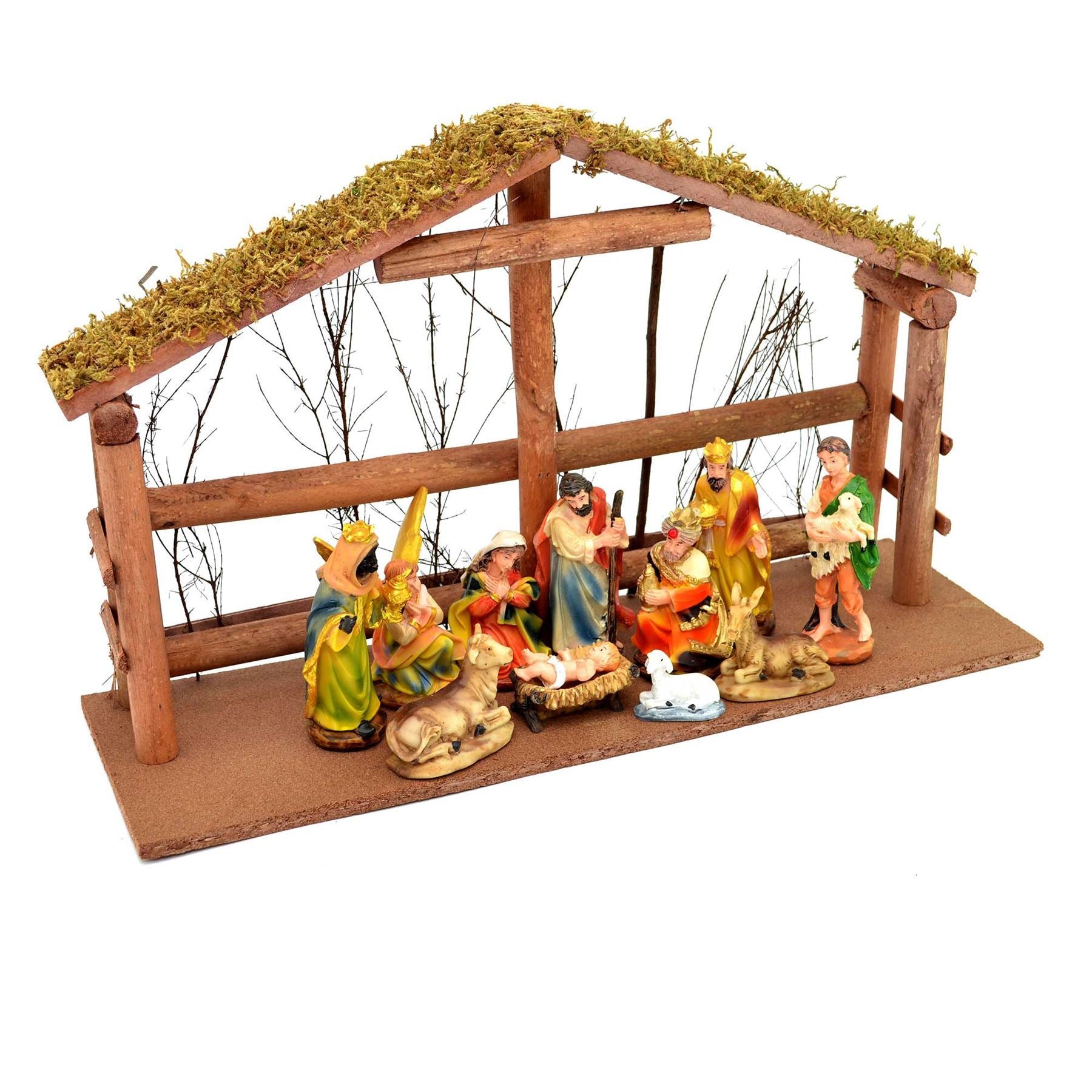 Christmas Figure Set Nativity Scene Wooden Stable Birth Jesus Christ XMAS Decor