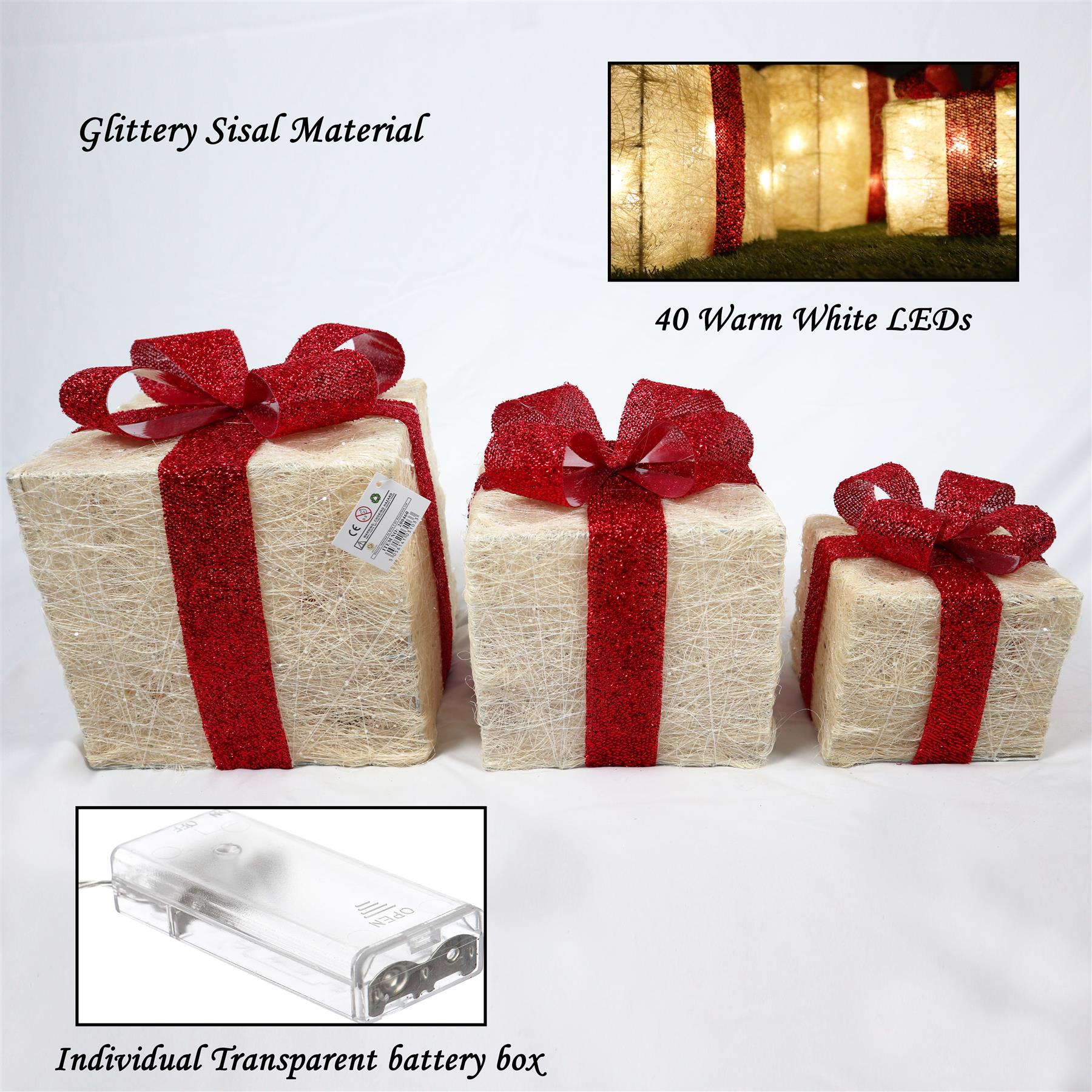 LED Christmas Parcel Light Up Gift Boxes Set Of 3 Xmas Indoor Festive Home Decor