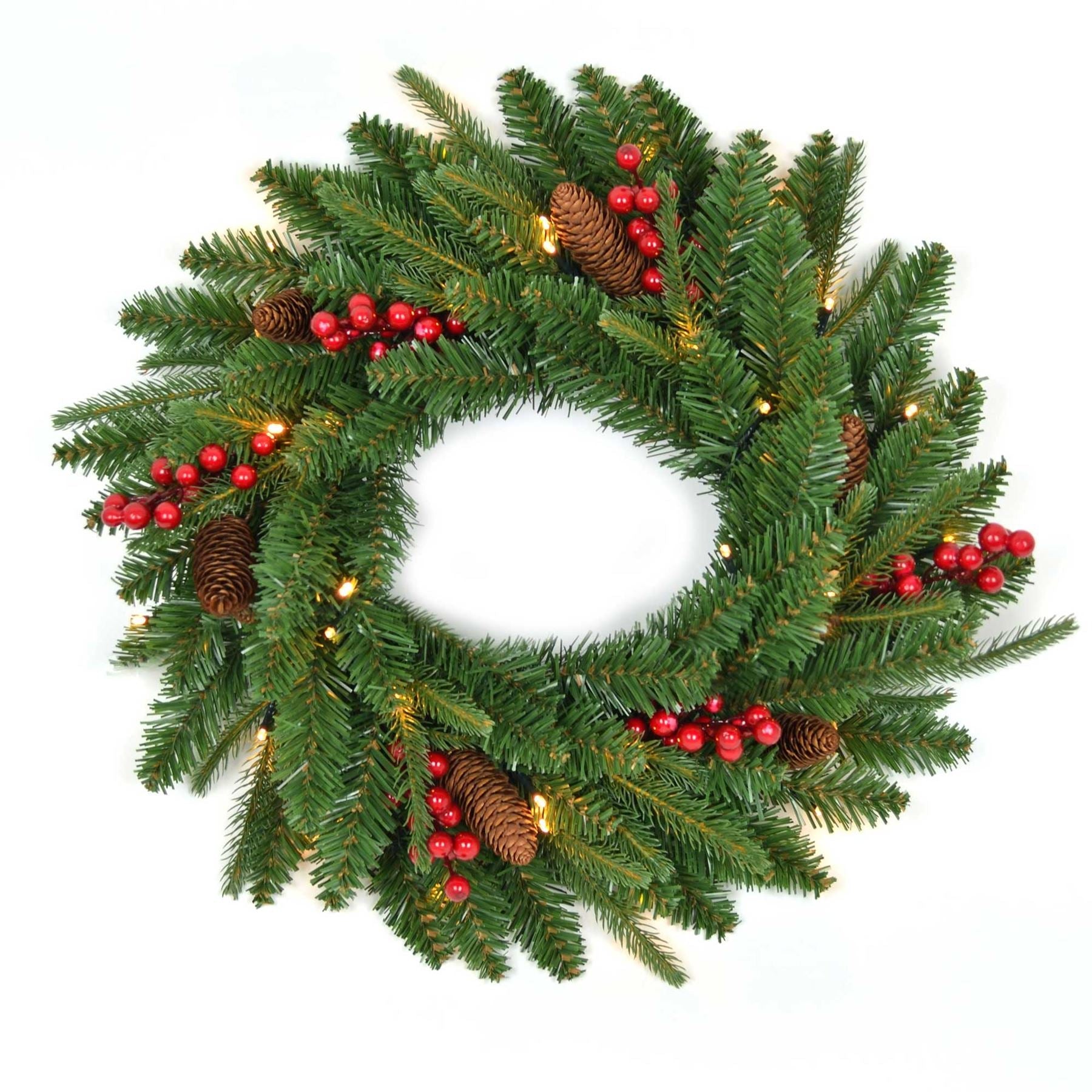 Frono 55Cm Christmas Wreath Pre Lit With Berries Pine Cones Christmas Decorations 11001