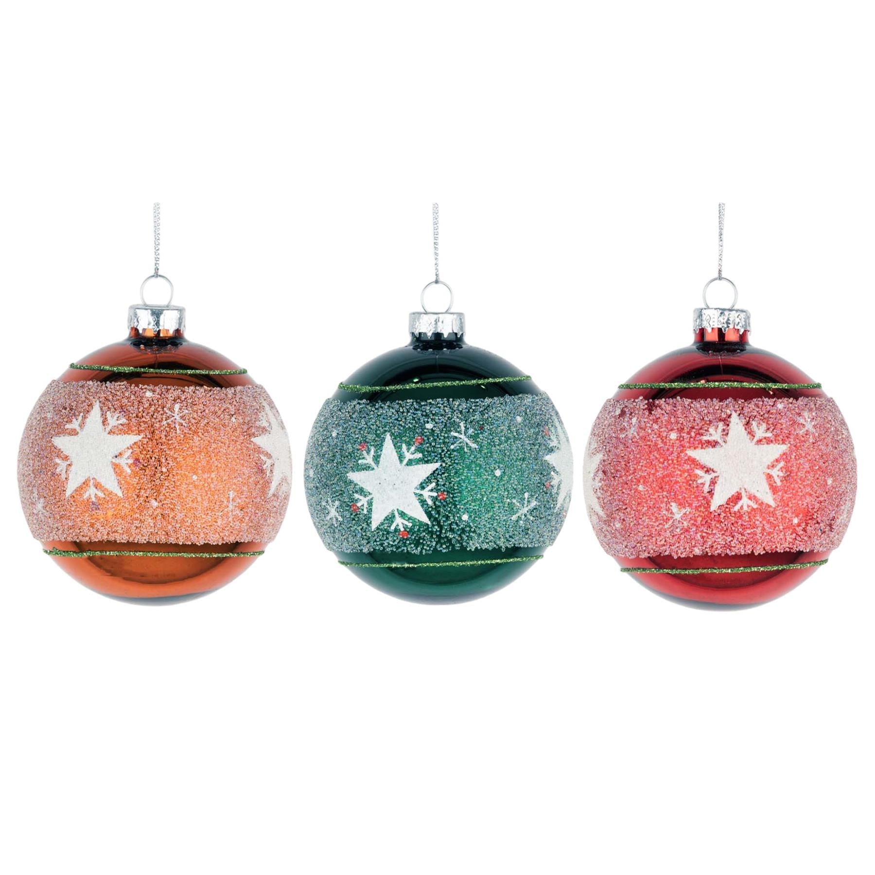 Glass Baubles 12Pcs Set - Orange,Green,Red 3 Assorted Design 8Cm