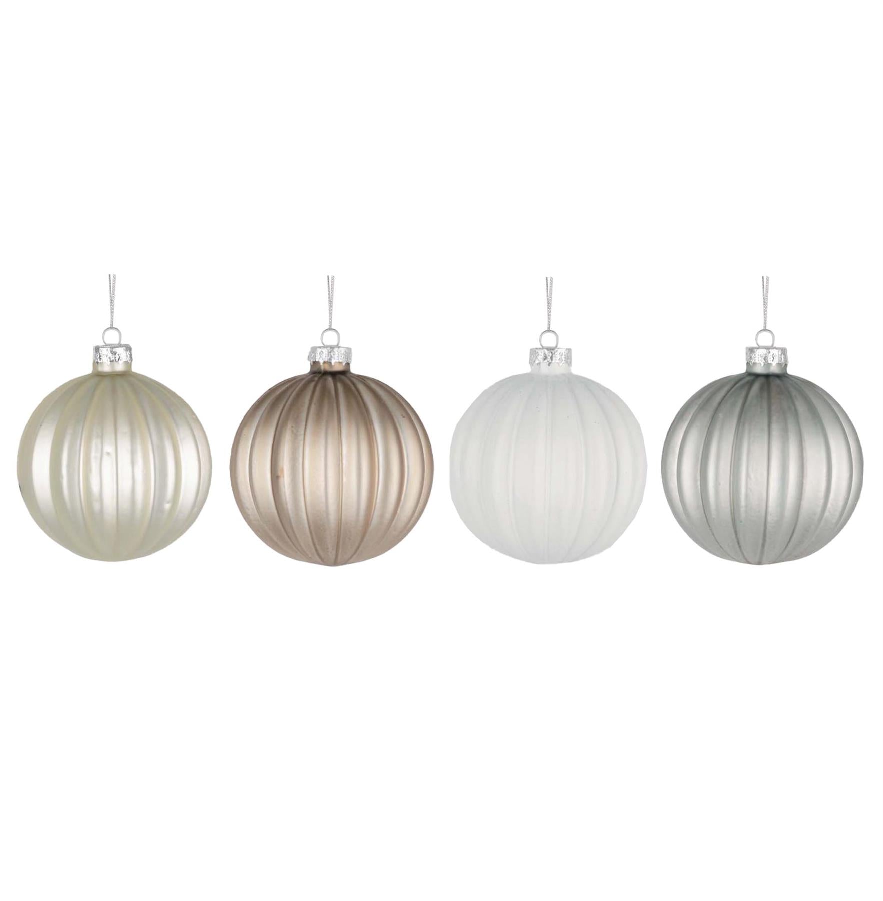Glass Baubles 12Pcs Set - Pearlchampagne,White,Silver 4 Assorted Design 8Cm